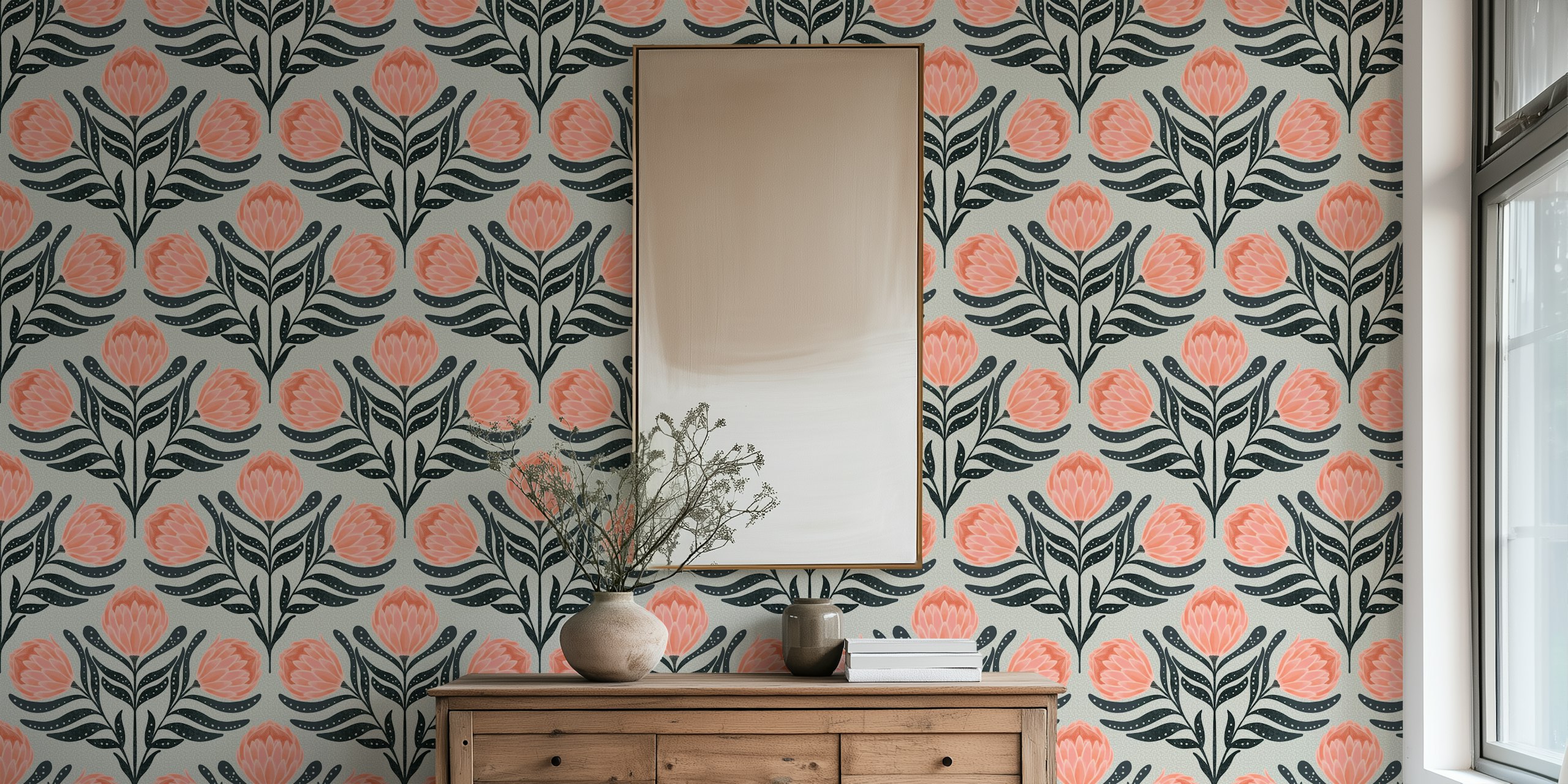 Papel tapiz Protea Sage aplicado en una habitación elegante