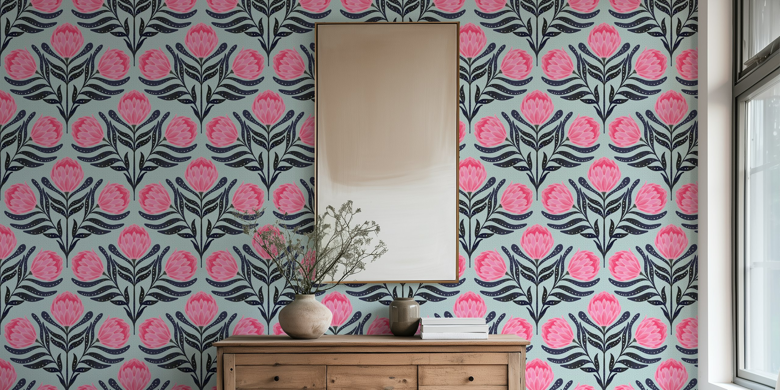 Protea pink floral wallpaper in a room