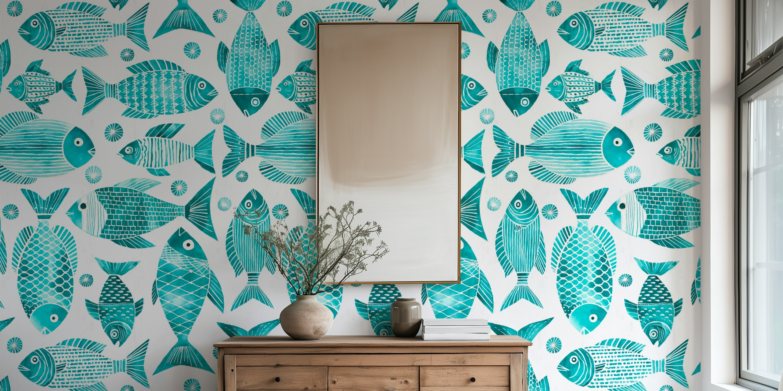 Underwater Fish Parade Turquoise wallpaper in a room