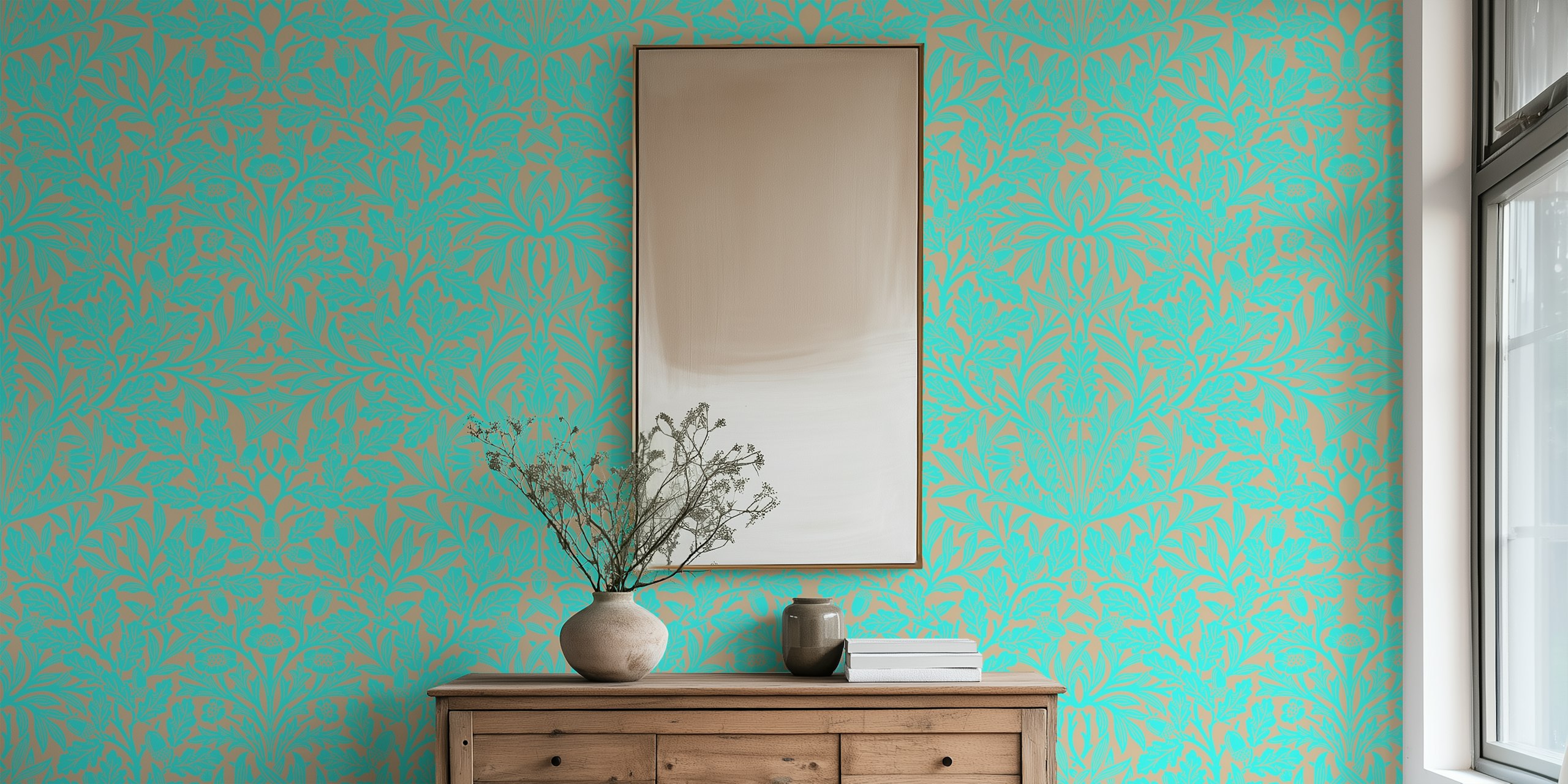 Victorian Acorn pattern wallpaper in turquoise and grey