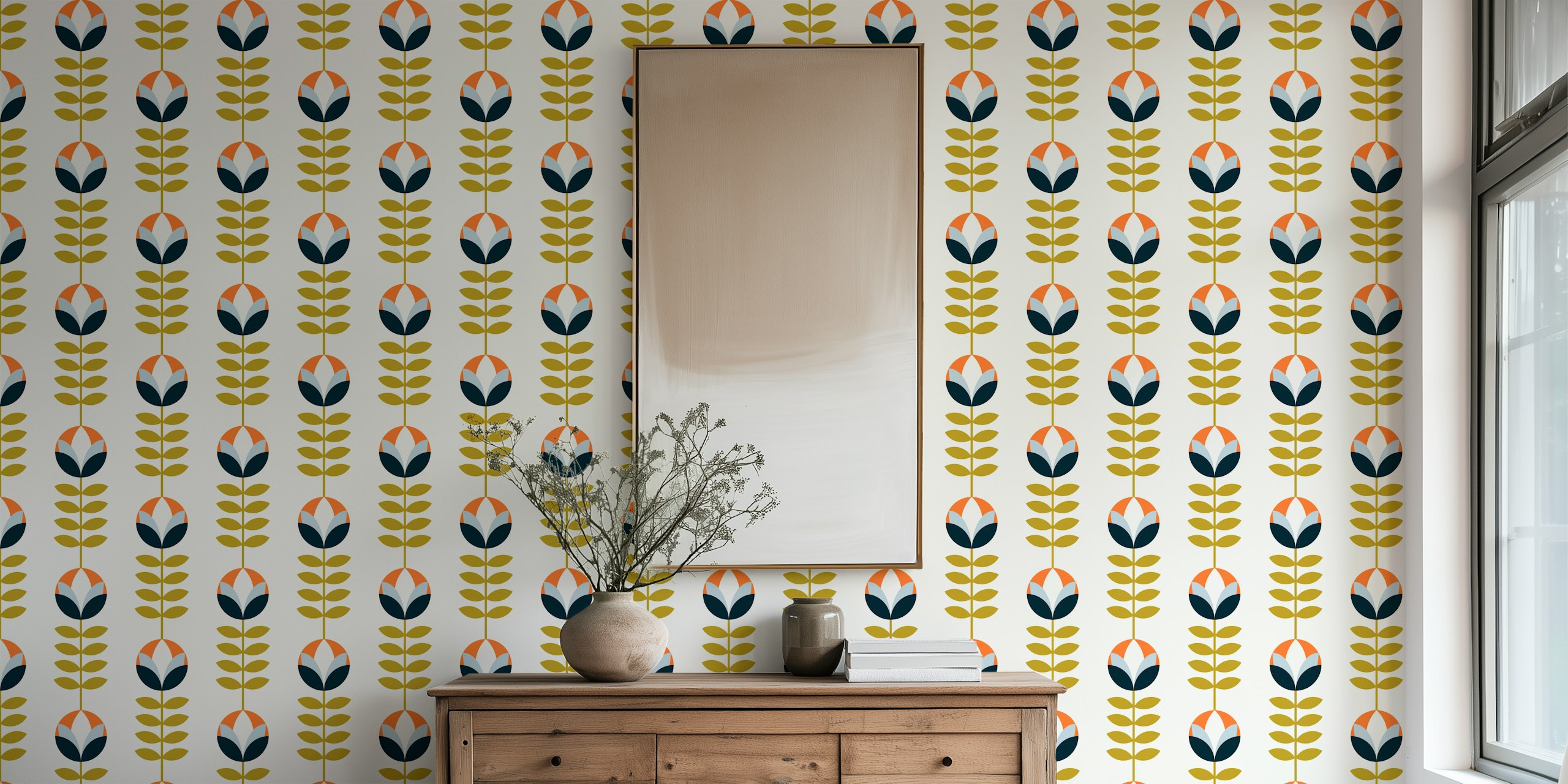 Retro floral design in orange, navy, green, and cream wallpaper