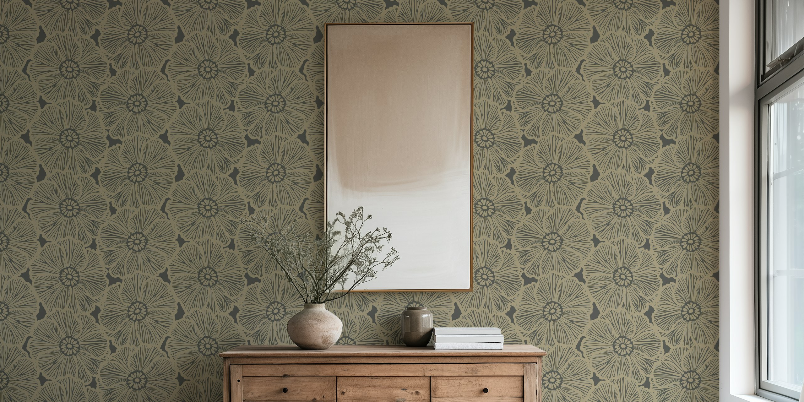 Zebra Flower Dark Sand behang in een kamer