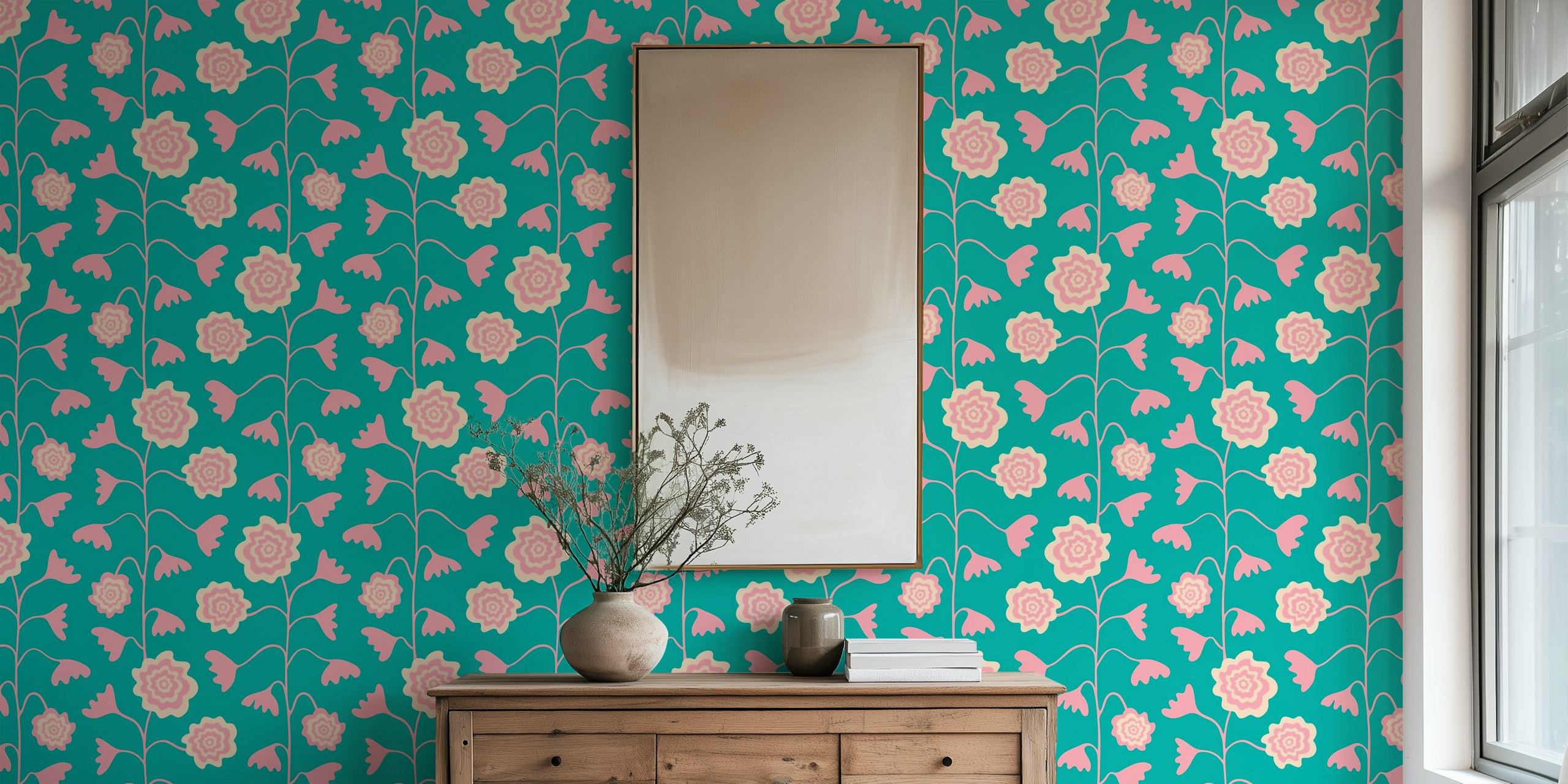 Turquoise floral wallpaper in a room