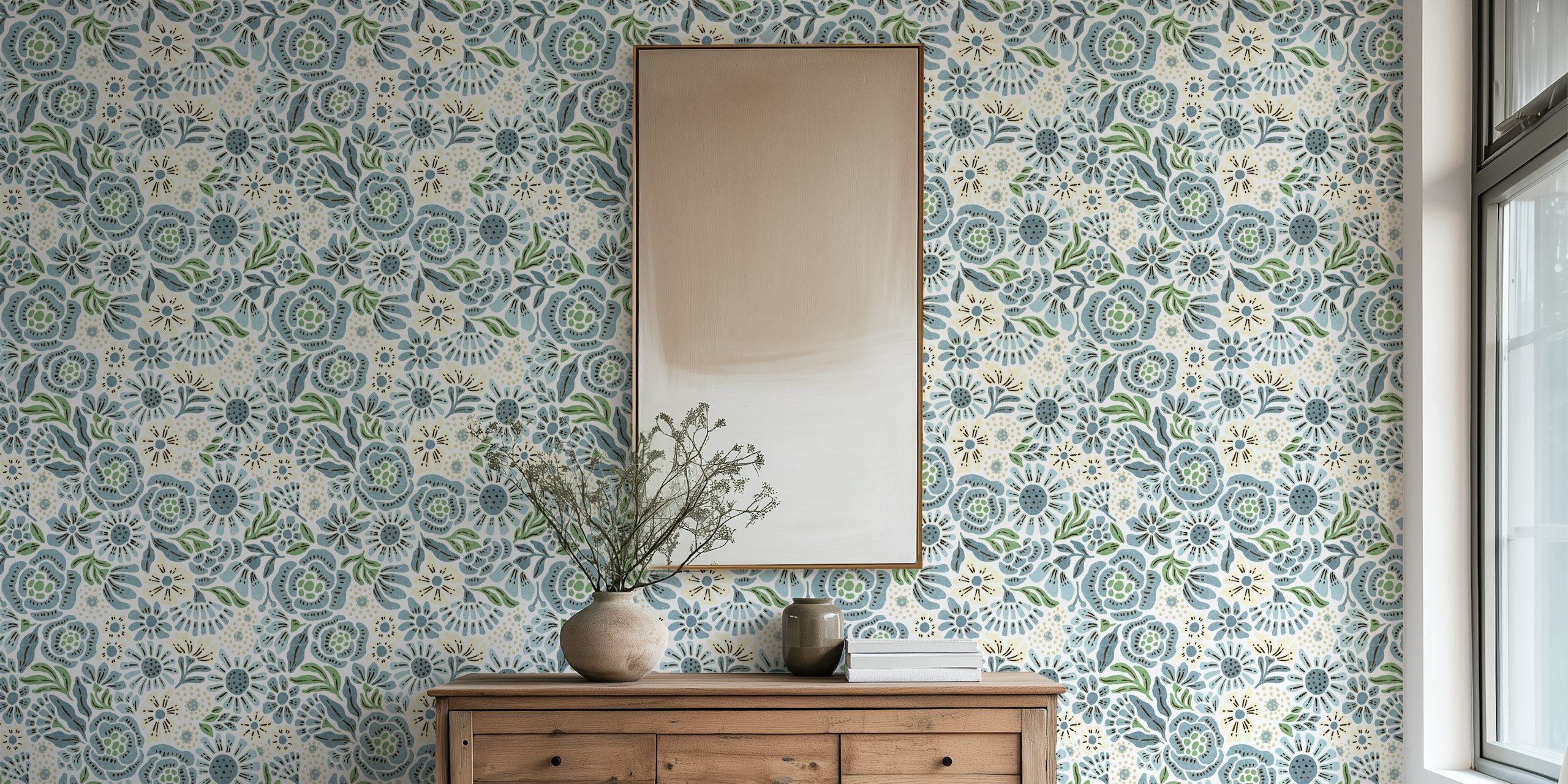 Blue and green floral wallpaper design