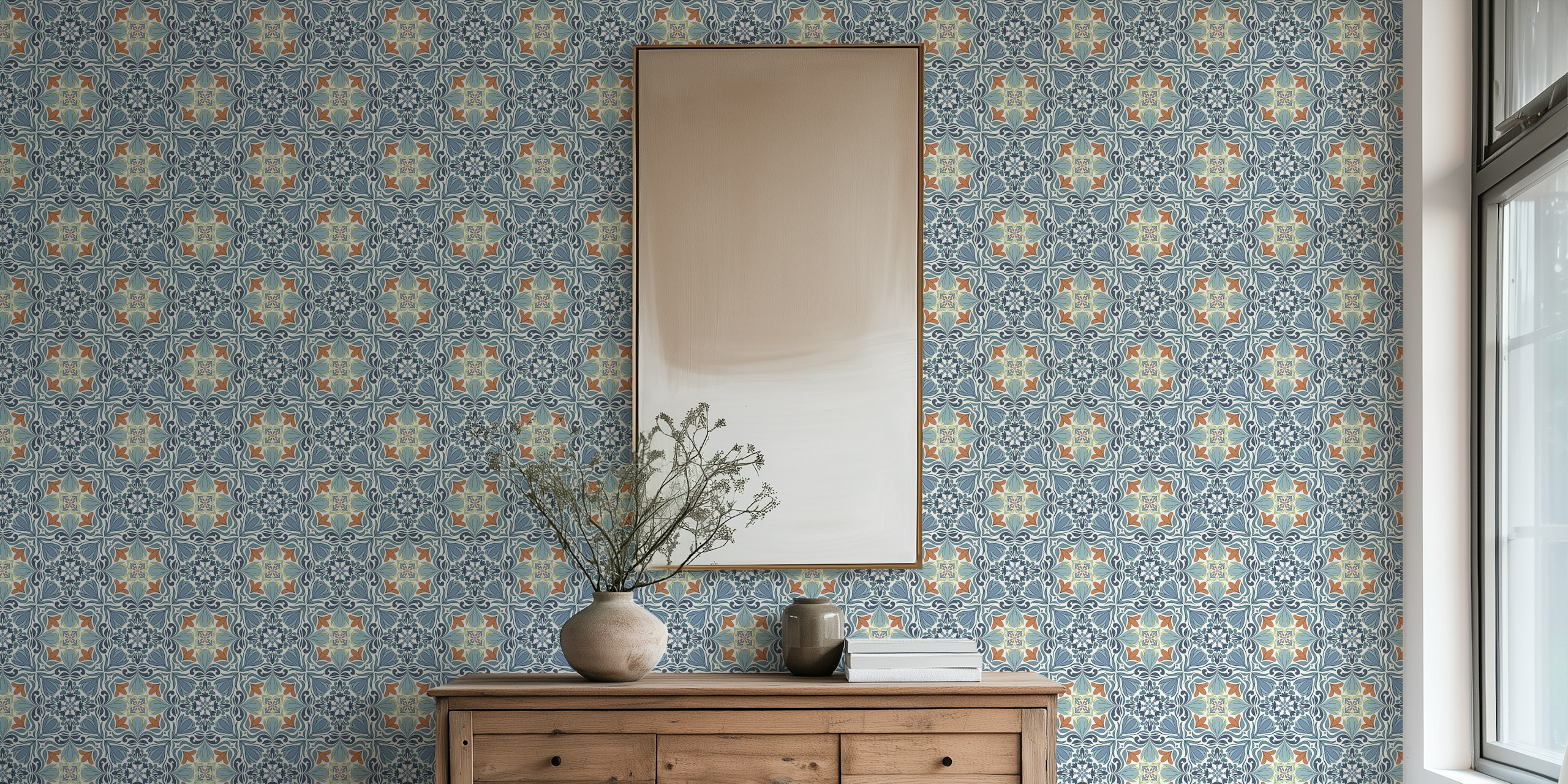 Motif floral en indigo et beige sur fond clair wallpaper