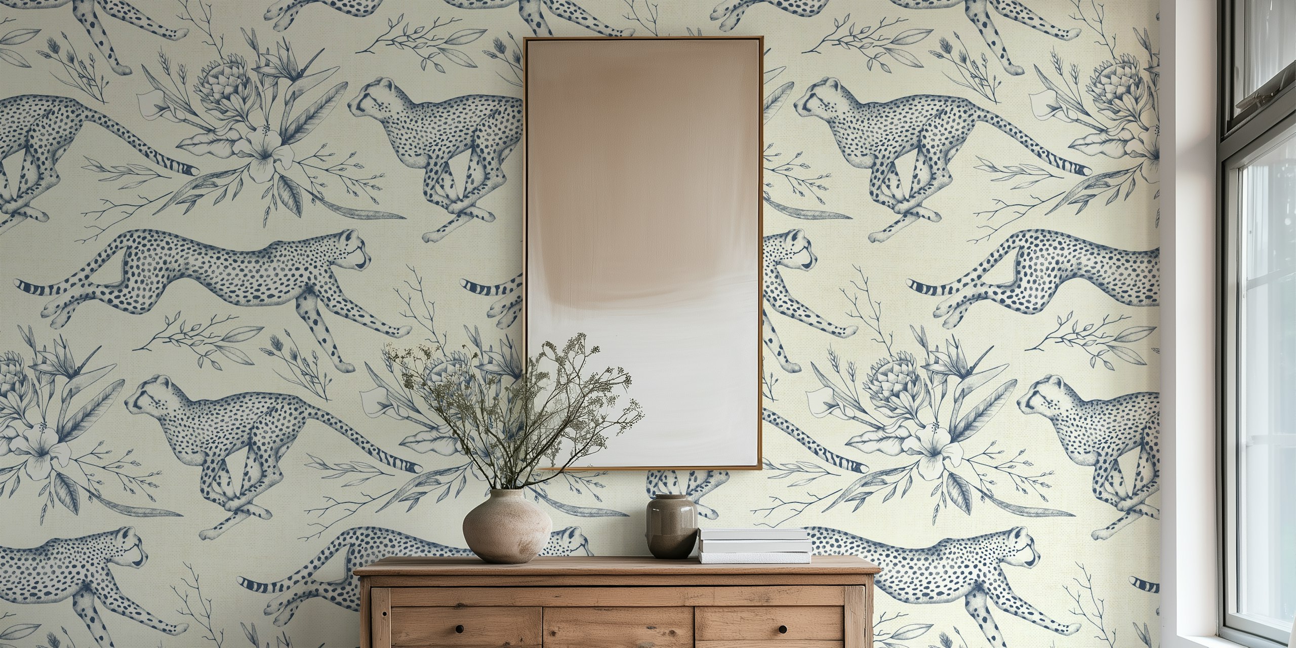 Safari Cheetah Toile wallpaper in a room