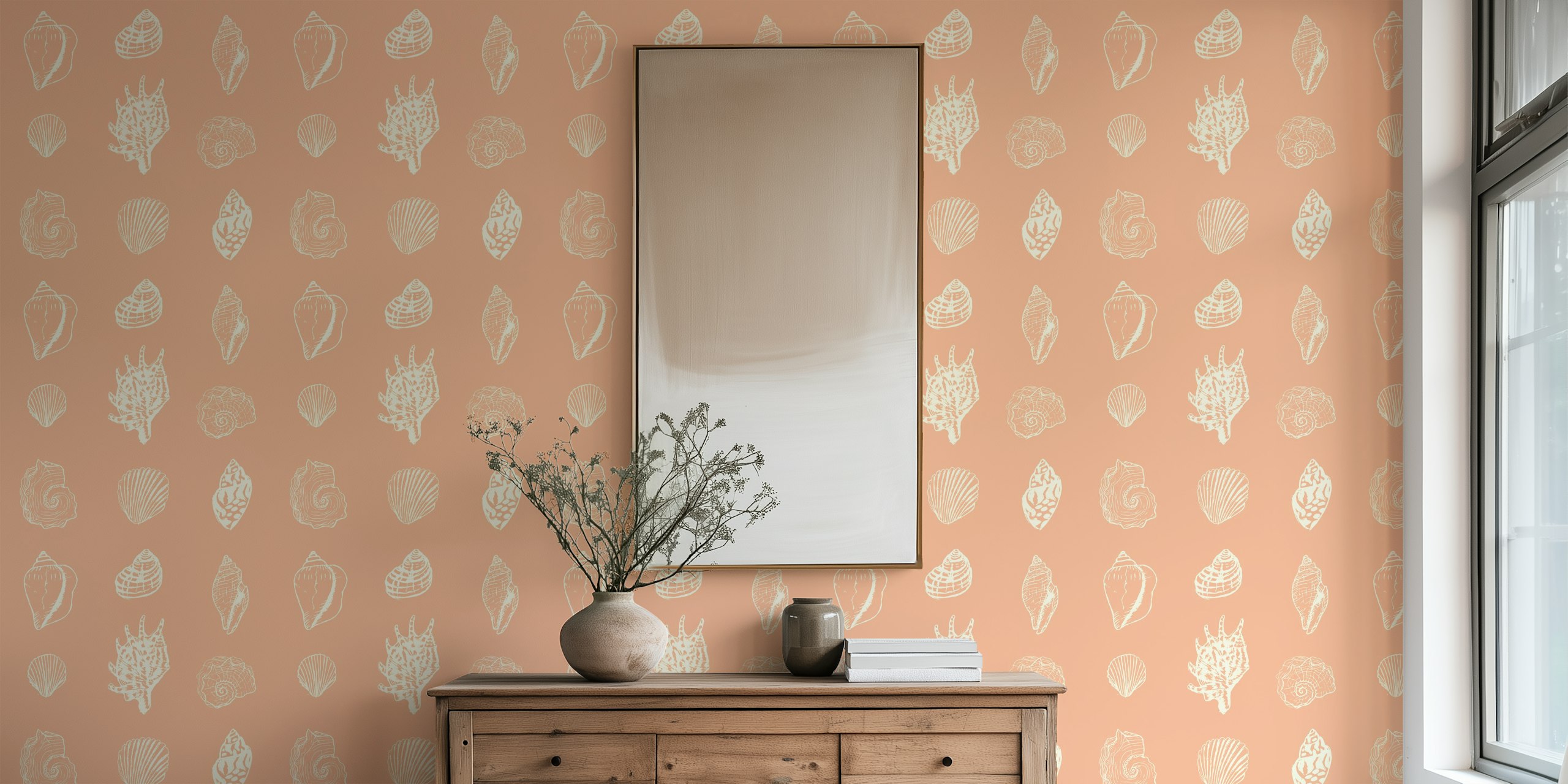 White seashell illustrations on salmon rose background wallpaper