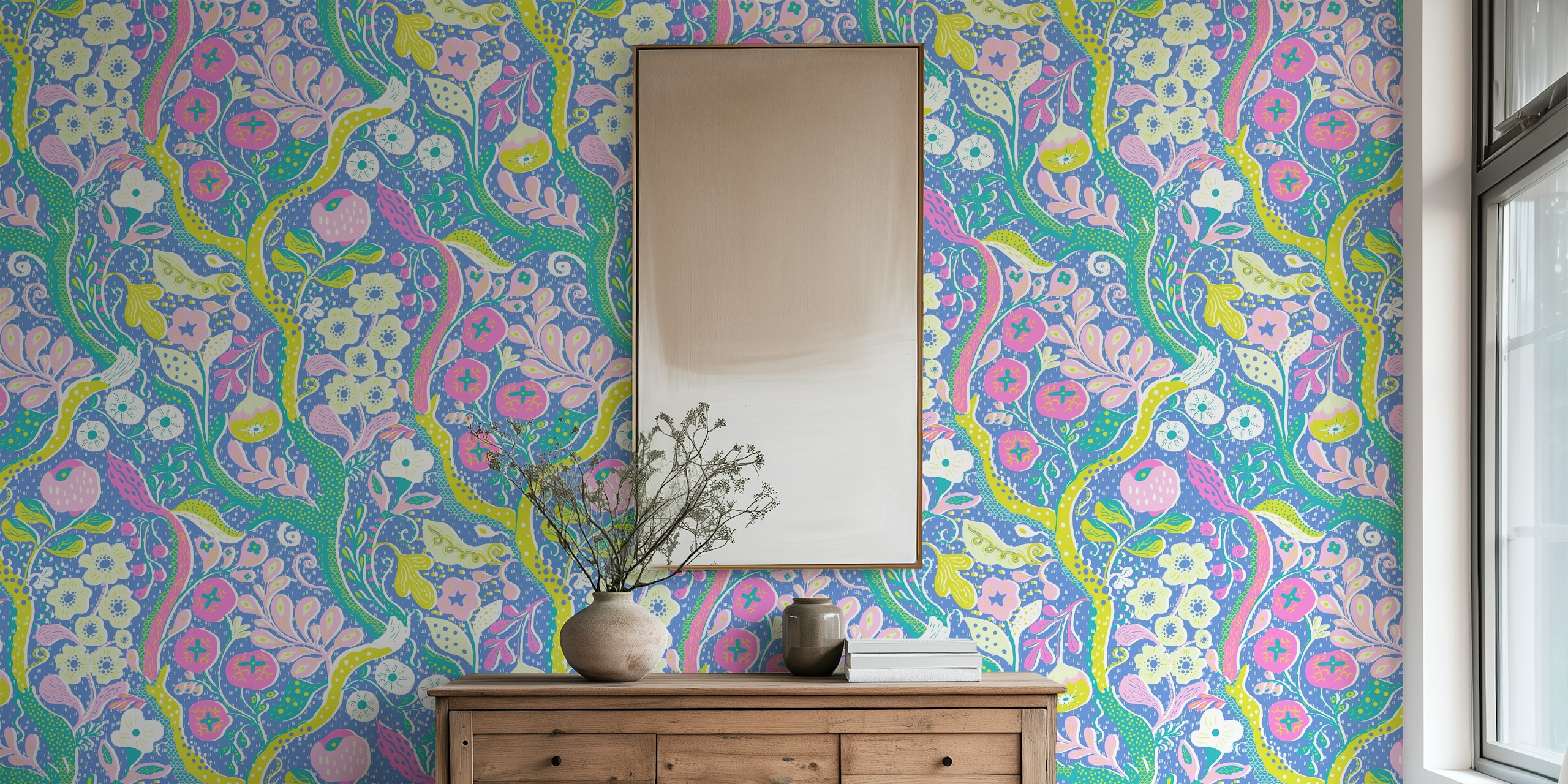 Colorful floral patterns with pink, blue, yellow on light blue wallpaper