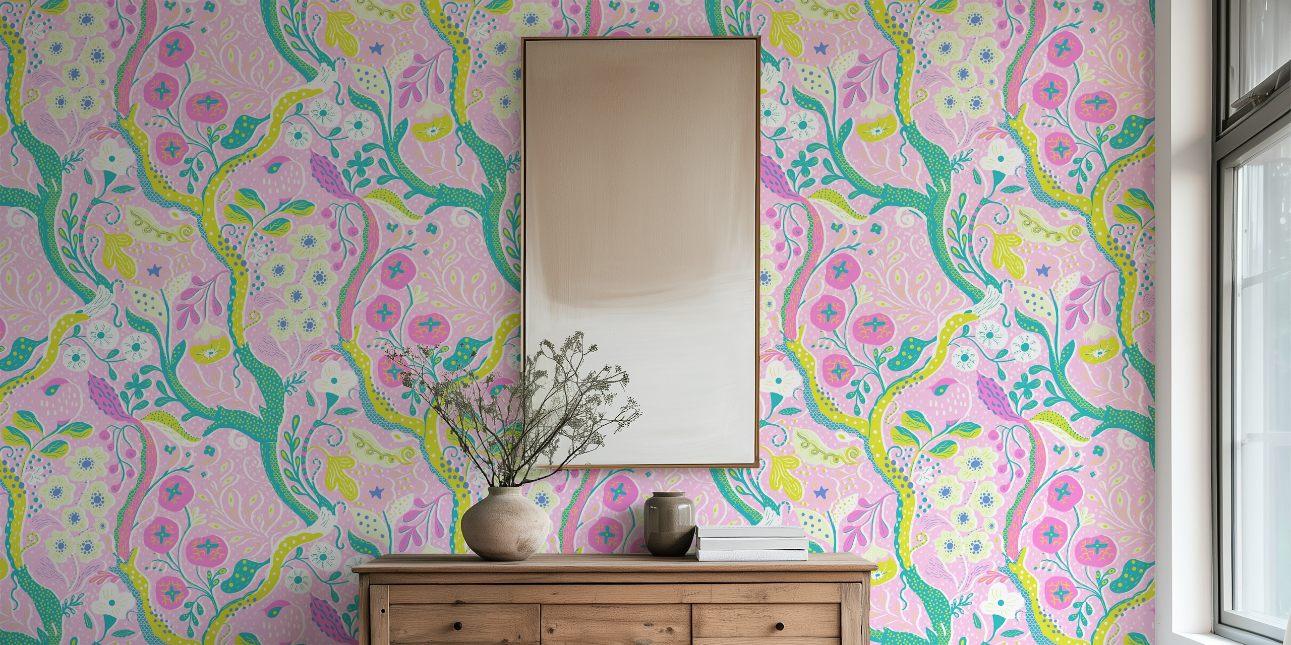 Whimsical kitschy floral garden wallpaper in a room.