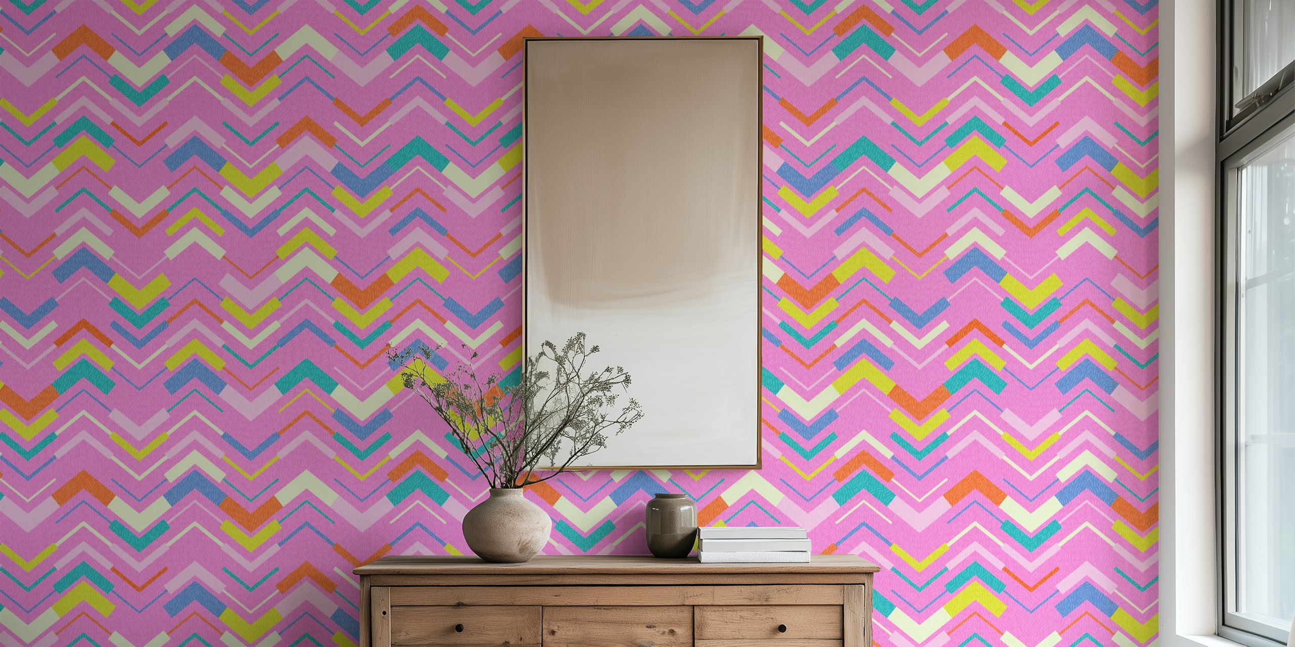 Colorful Kitschy Chevron Stripe - Hot Pink in una stanza