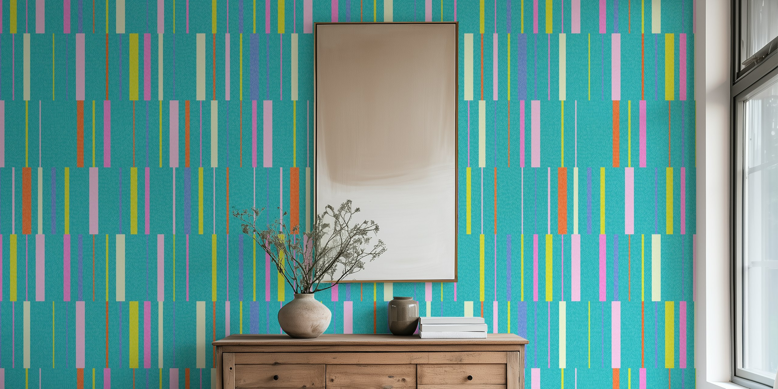 Colorful striped wallpaper in teal, pink, orange, yellow and white