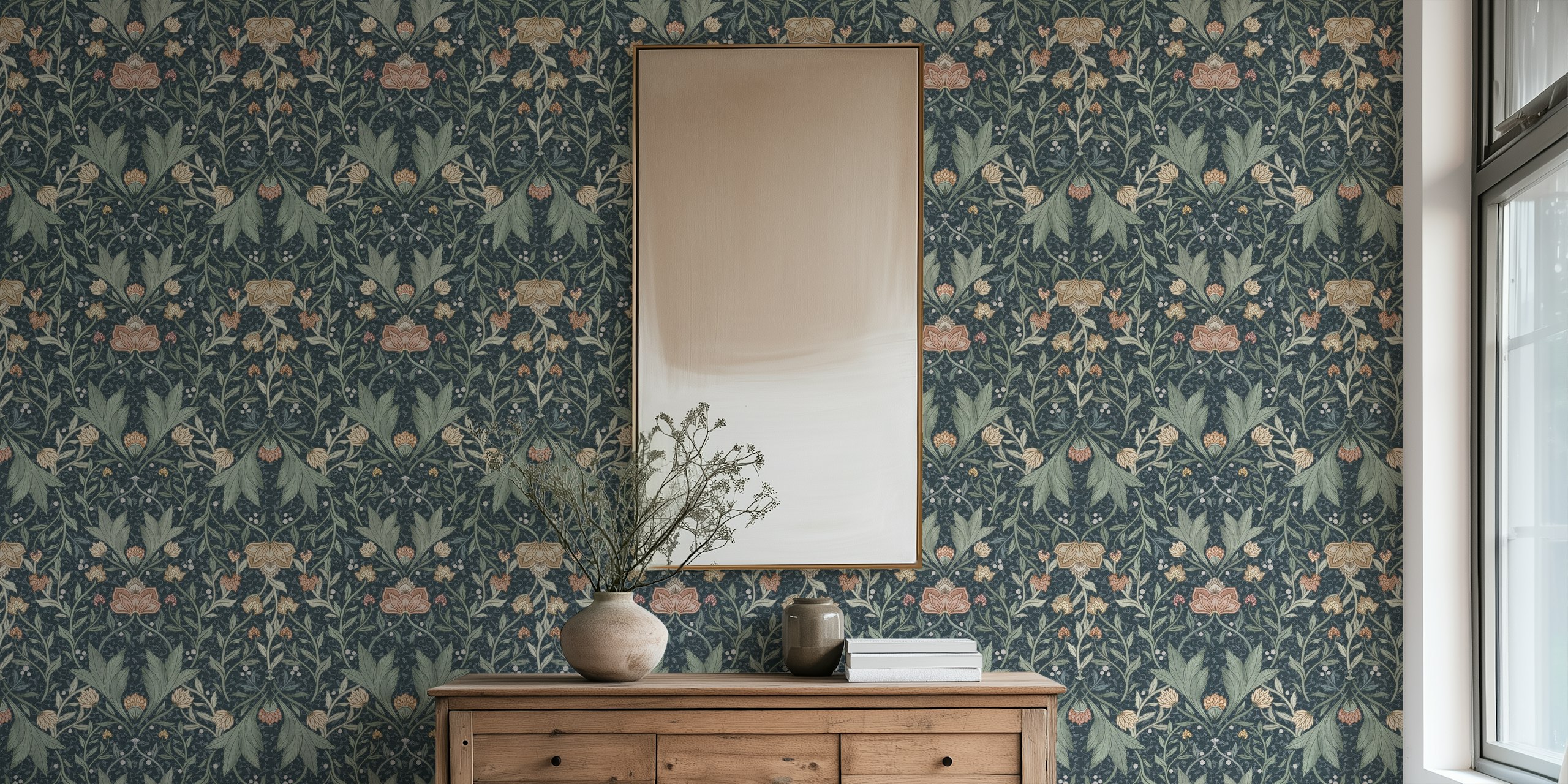 Morris Victorian floral damask wallpaper in a room