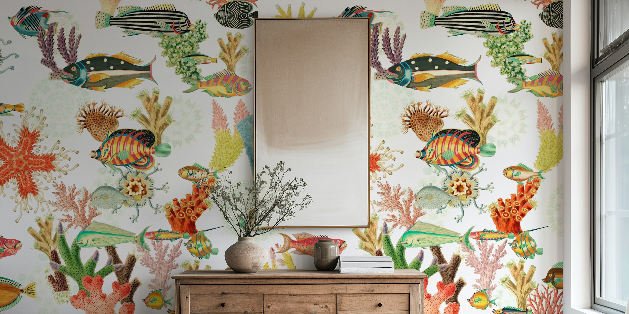 Colorful fish and coral reef patterns, bright colors, marine-themed wallpaper