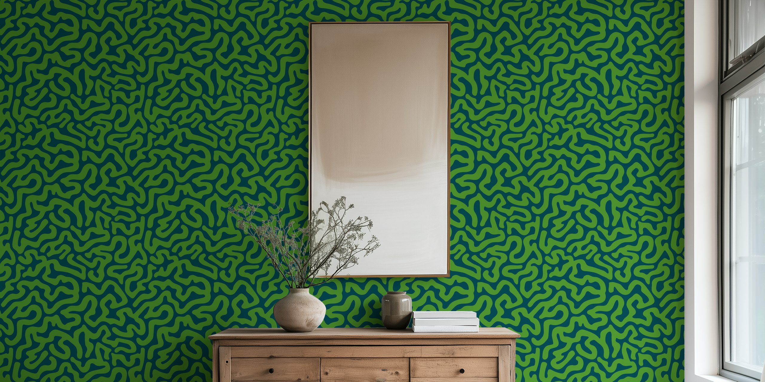 Abstract coral reef wallpaper in a room