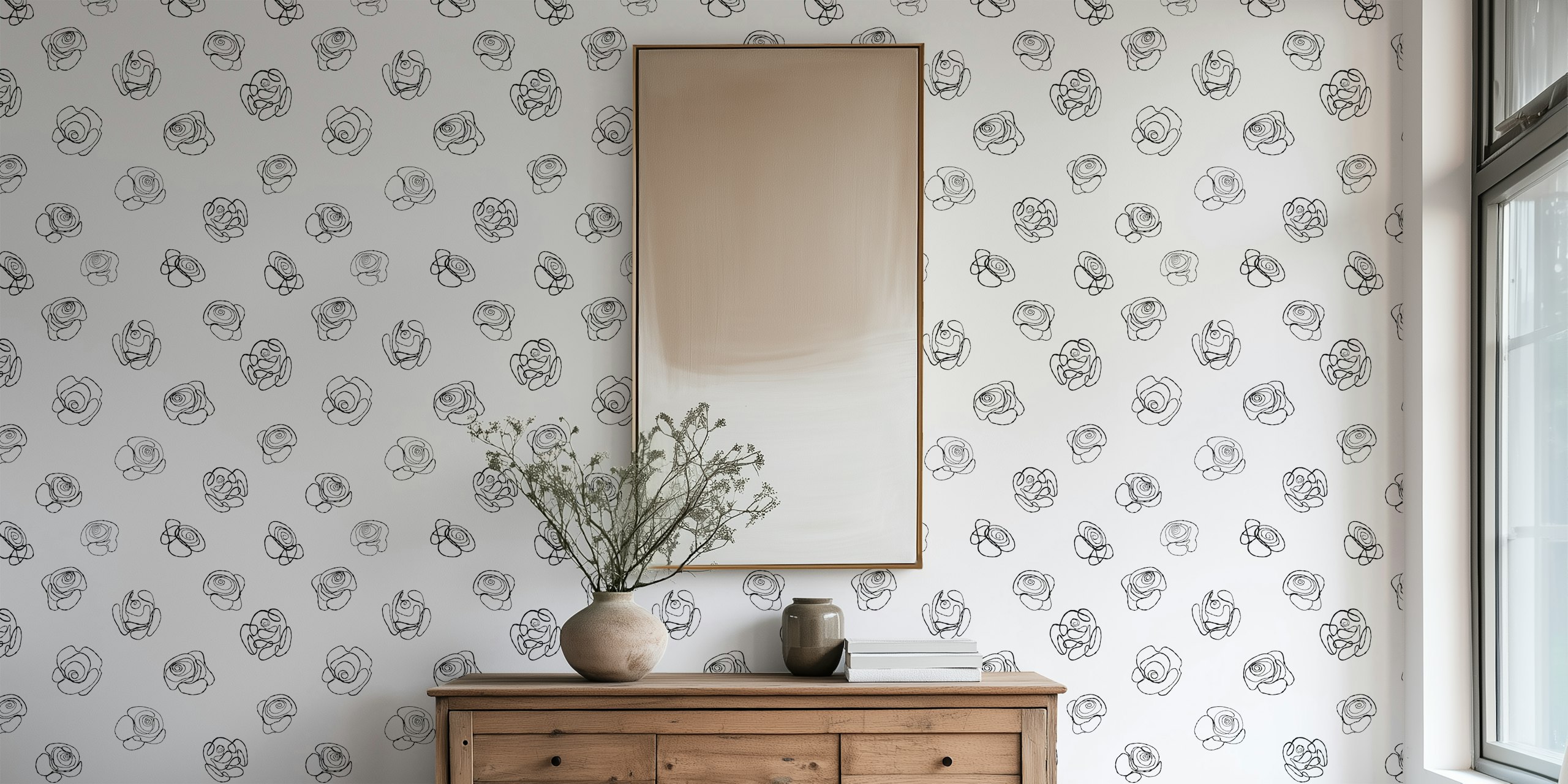 Hand drawn simple roses wallpaper in a room