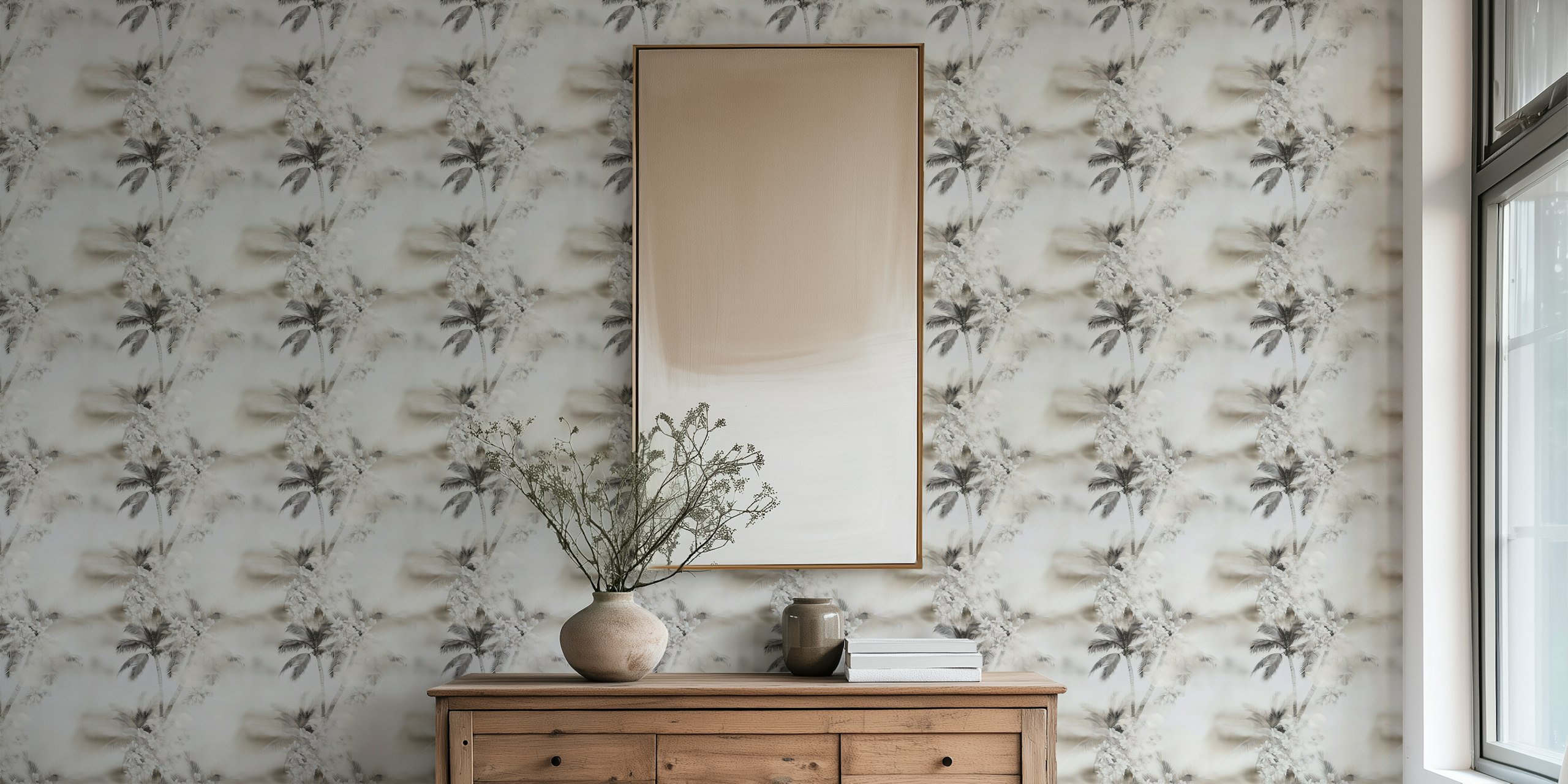 Floral and palm pattern in soft cream tones wallpaper