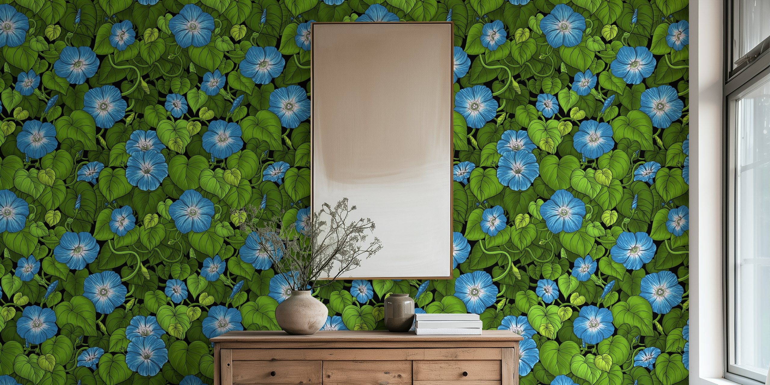 Morning glory wallpaper in een kamer setting