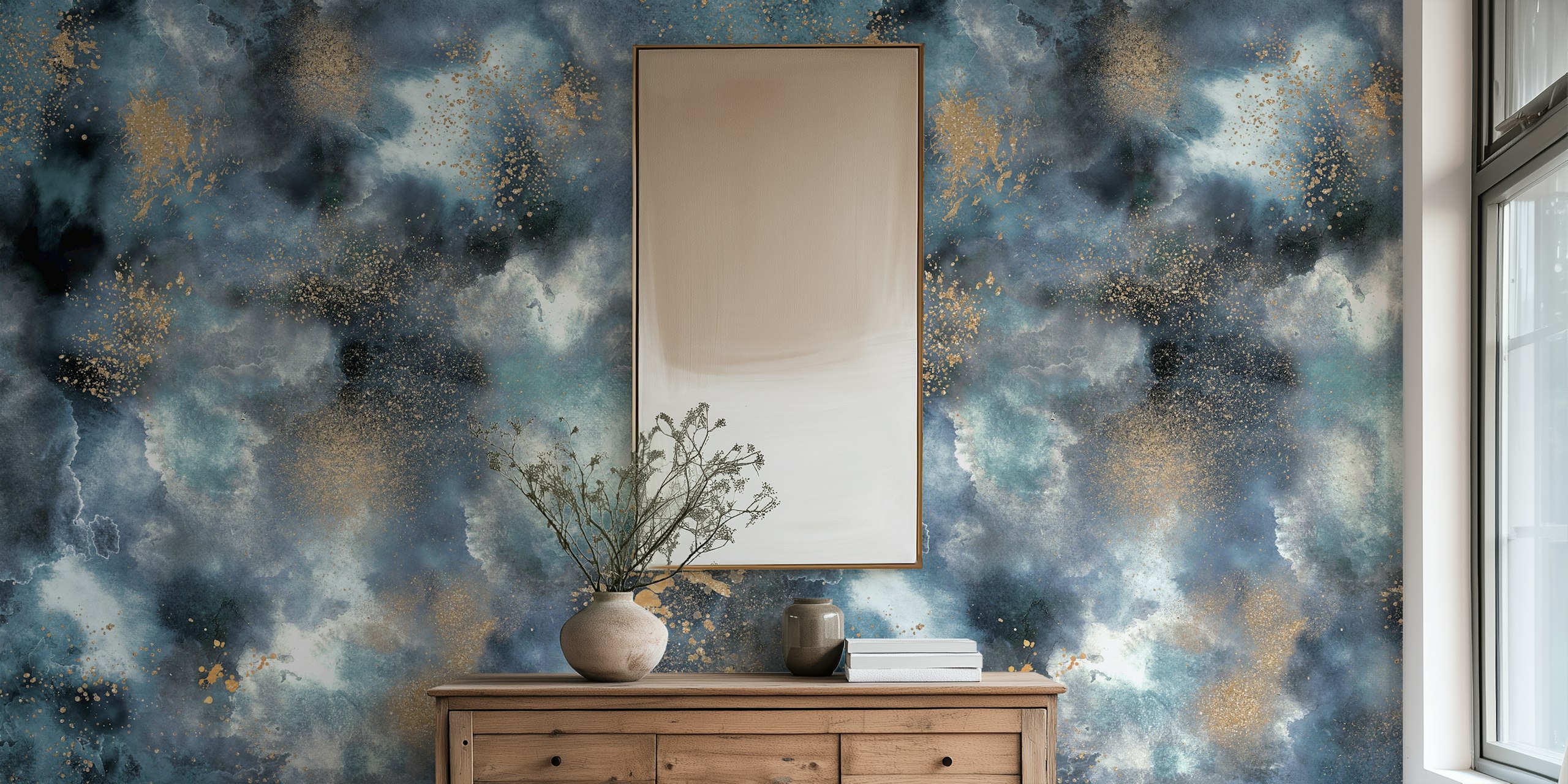 Papel pintado Celestial Nebula azul y dorado en una habitación