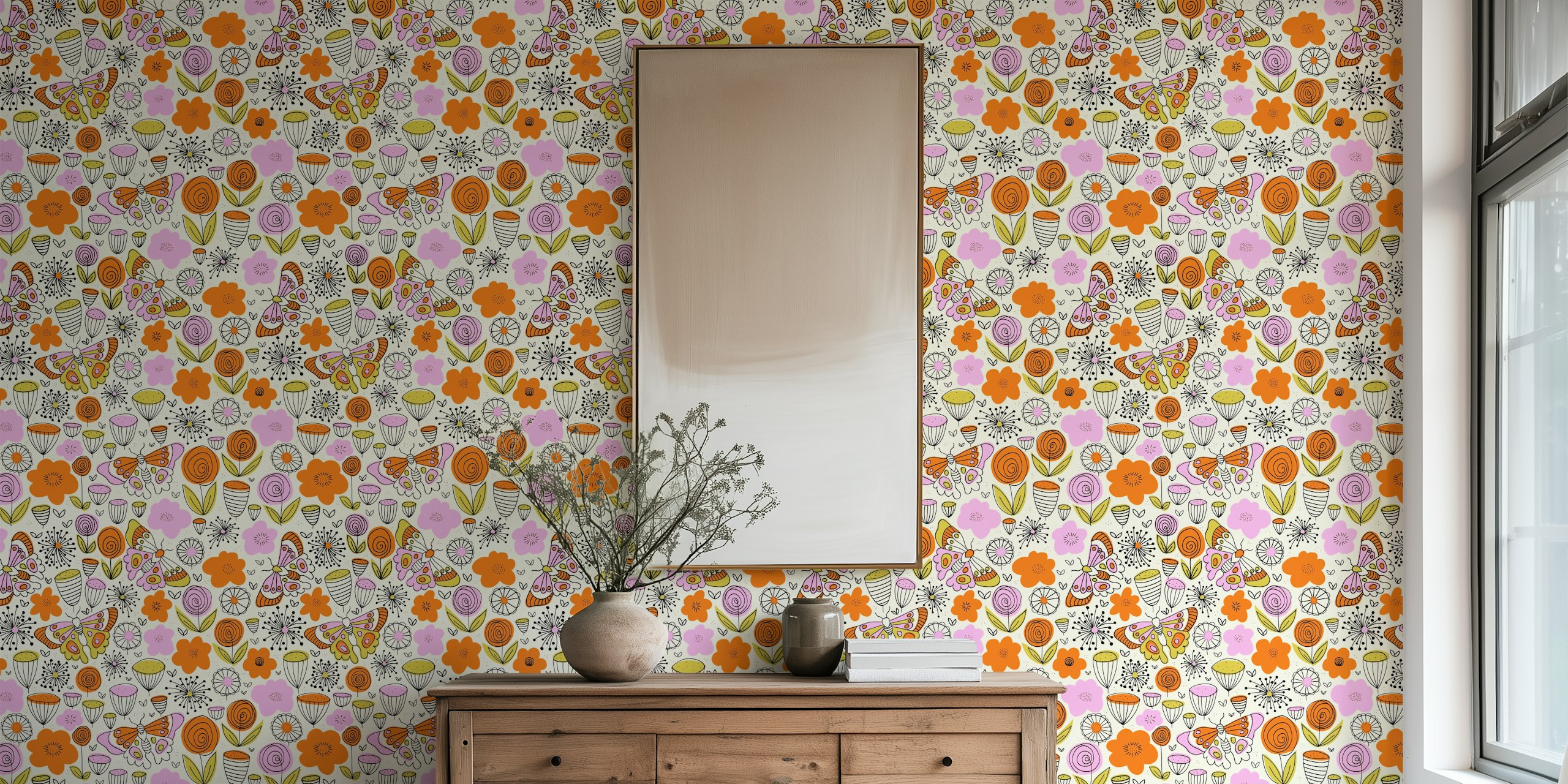 Tapet med Butterflies in the Garden Doodle Line Art