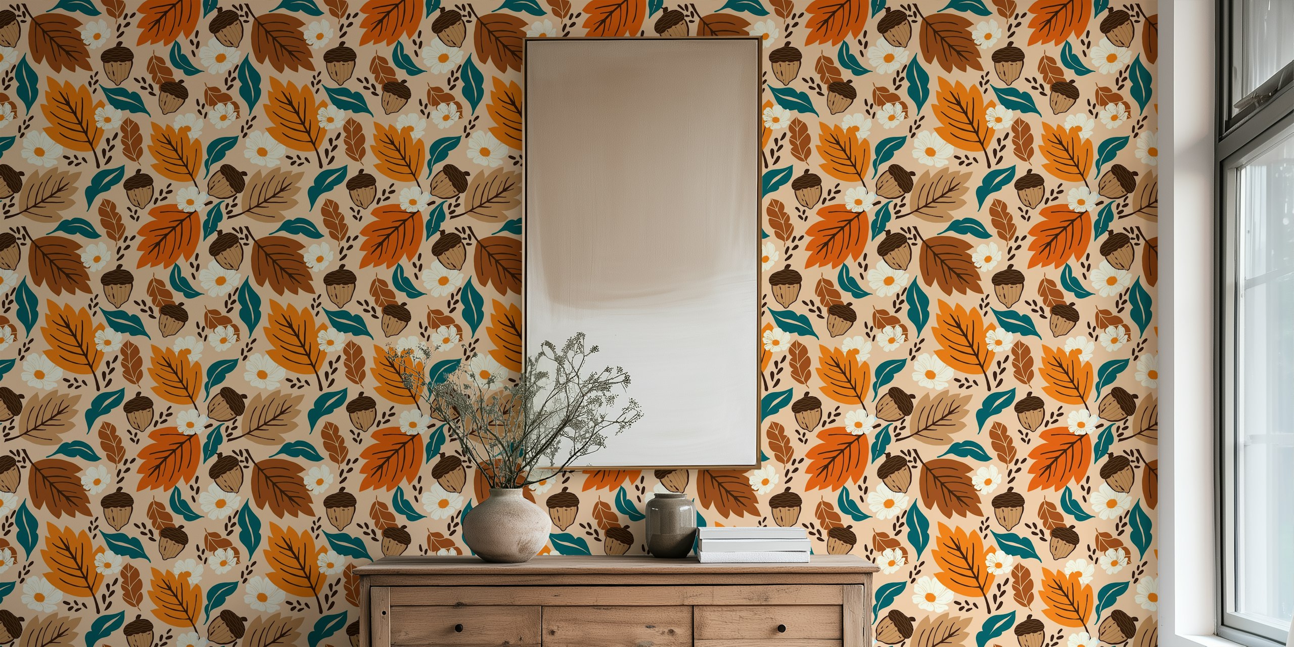 Floral patterns with orange and brown leaves, white flowers, and acorns on a beige background wallpaper.
