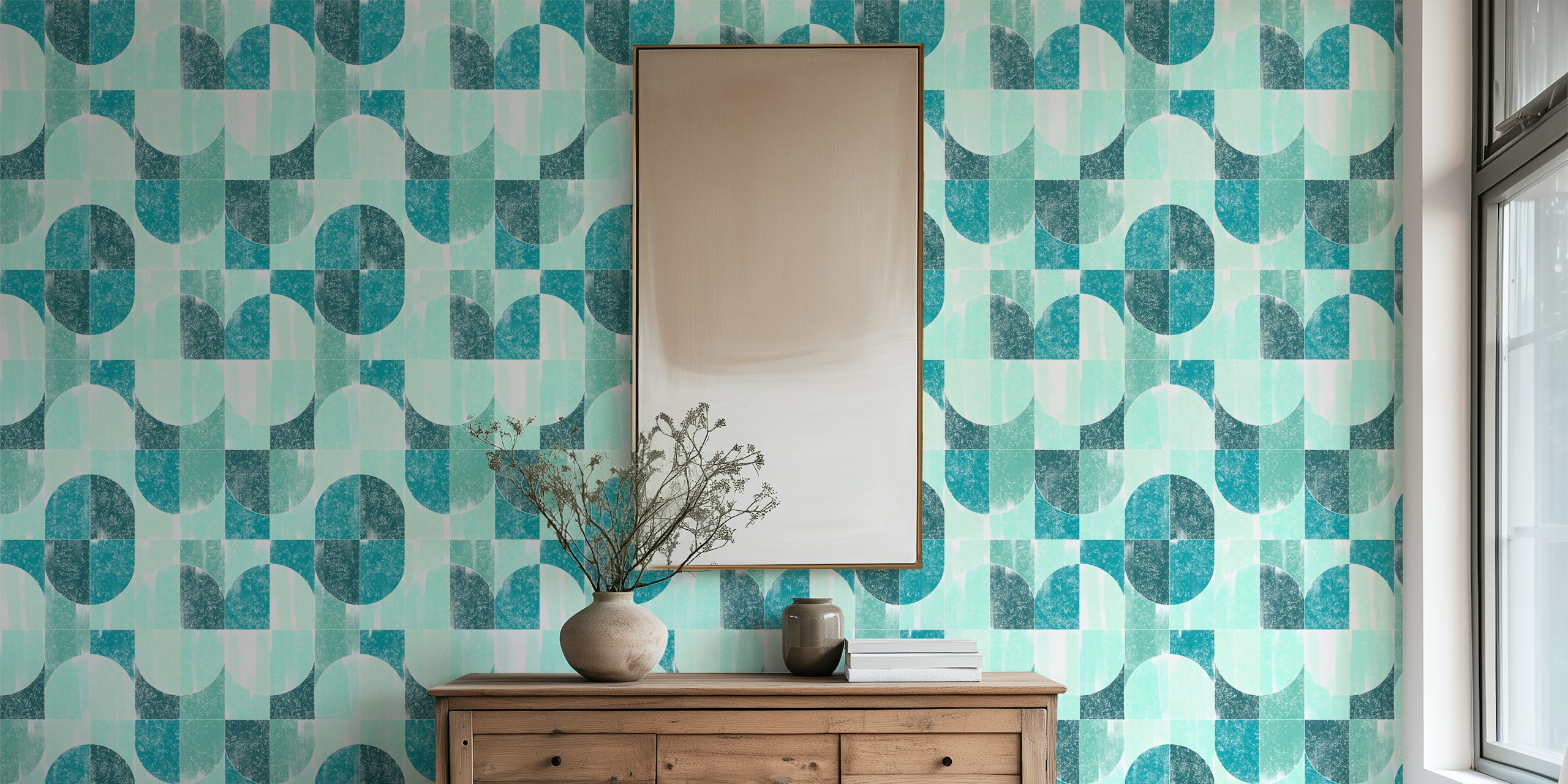Geometric blue and teal patterns in a sponge painting style wallpaper