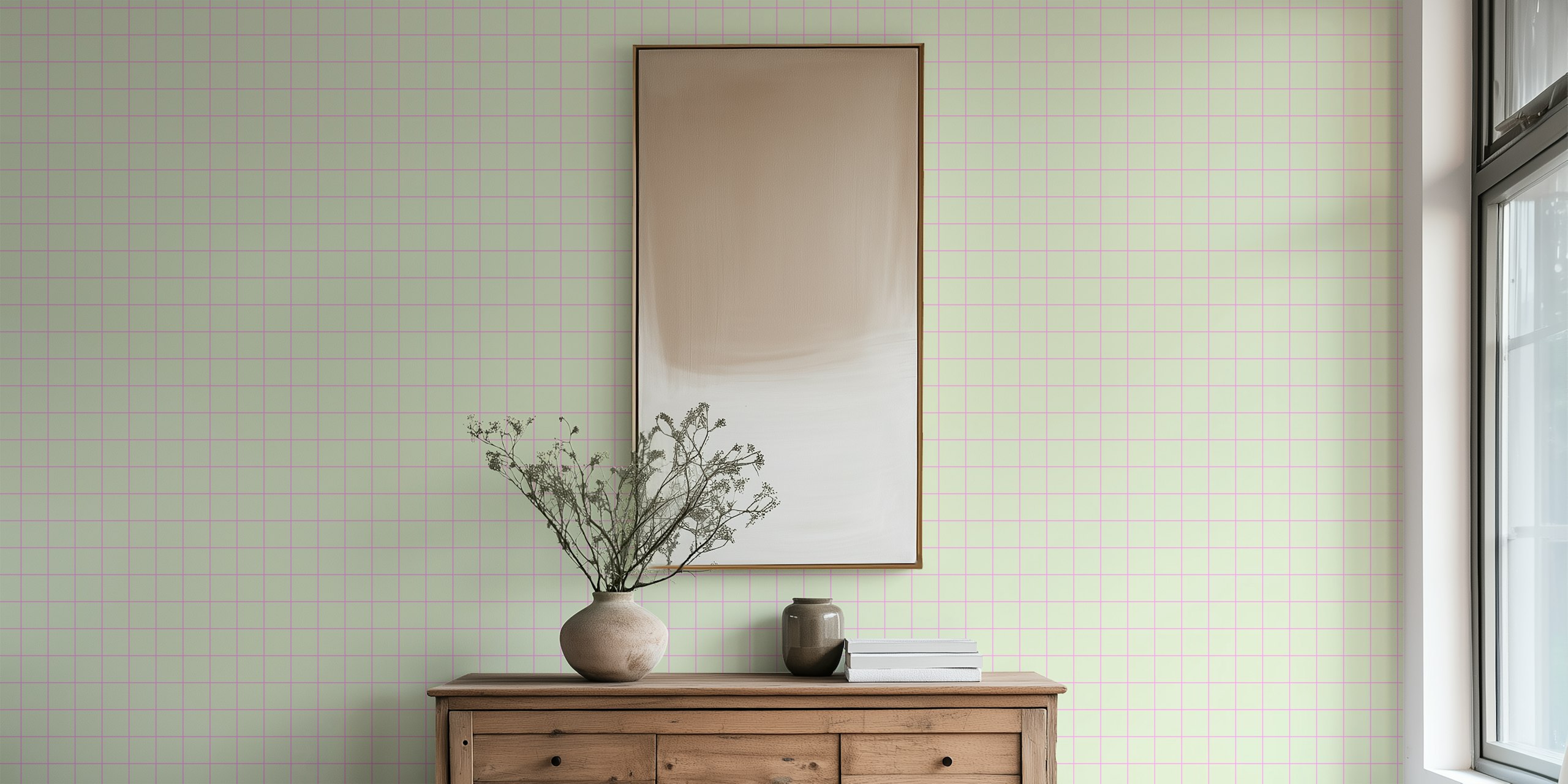 Grid Soft Green Pink wallpaper in a room