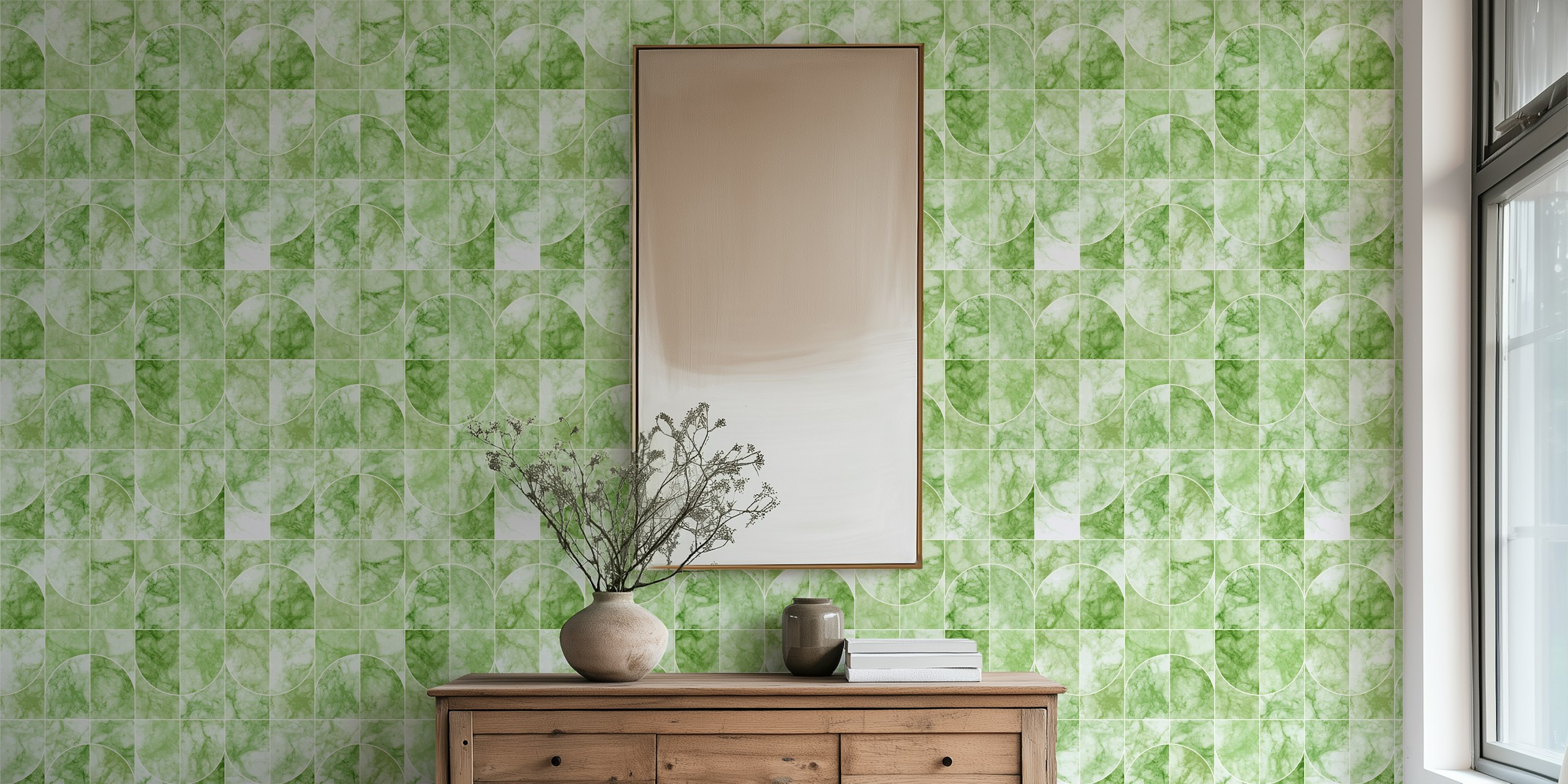 Marbled Geo Tiles Greenish wallpaper in a room