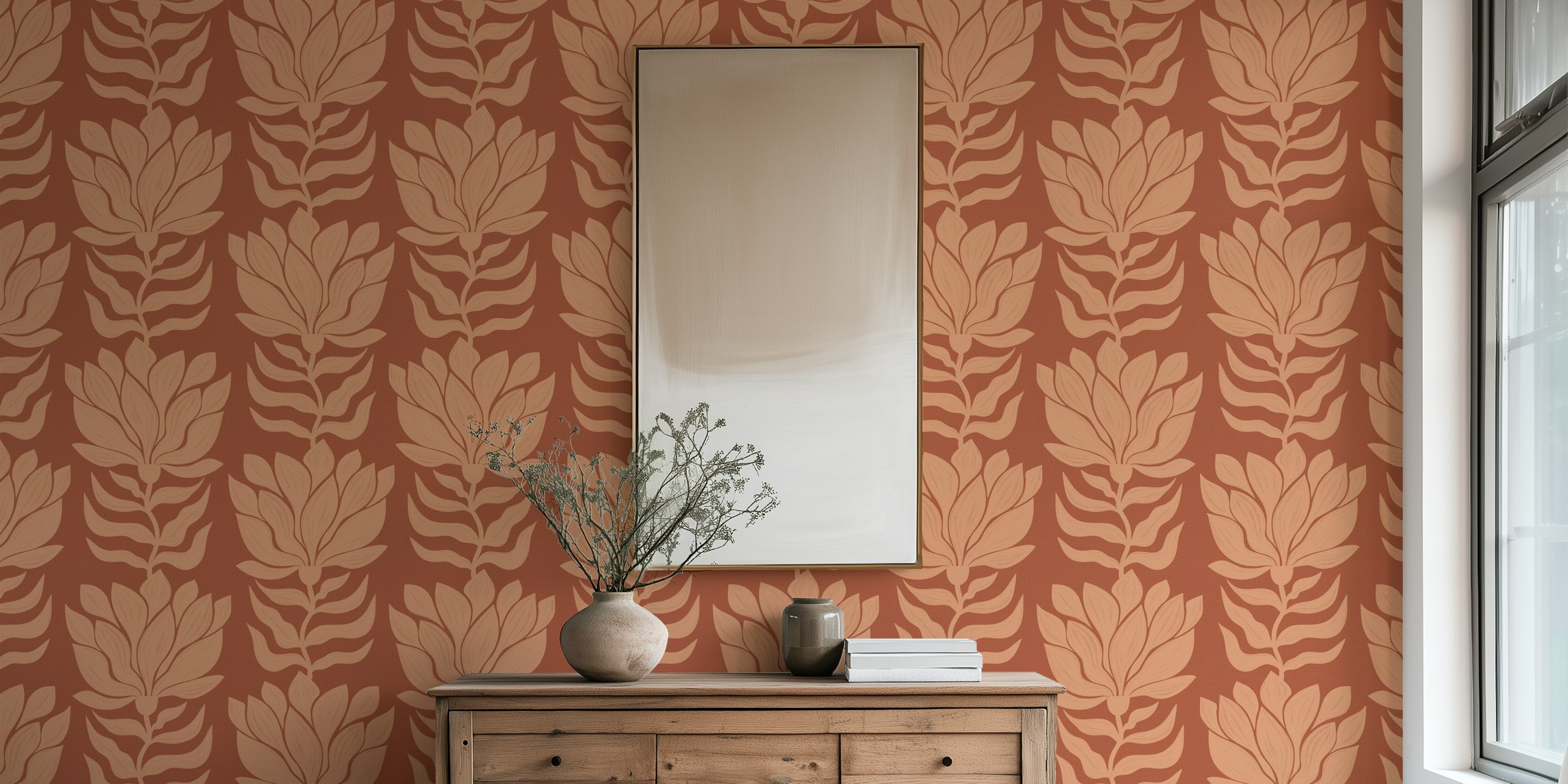 Wavy Boho Abstract Modern Flowers Terracotta tapeta