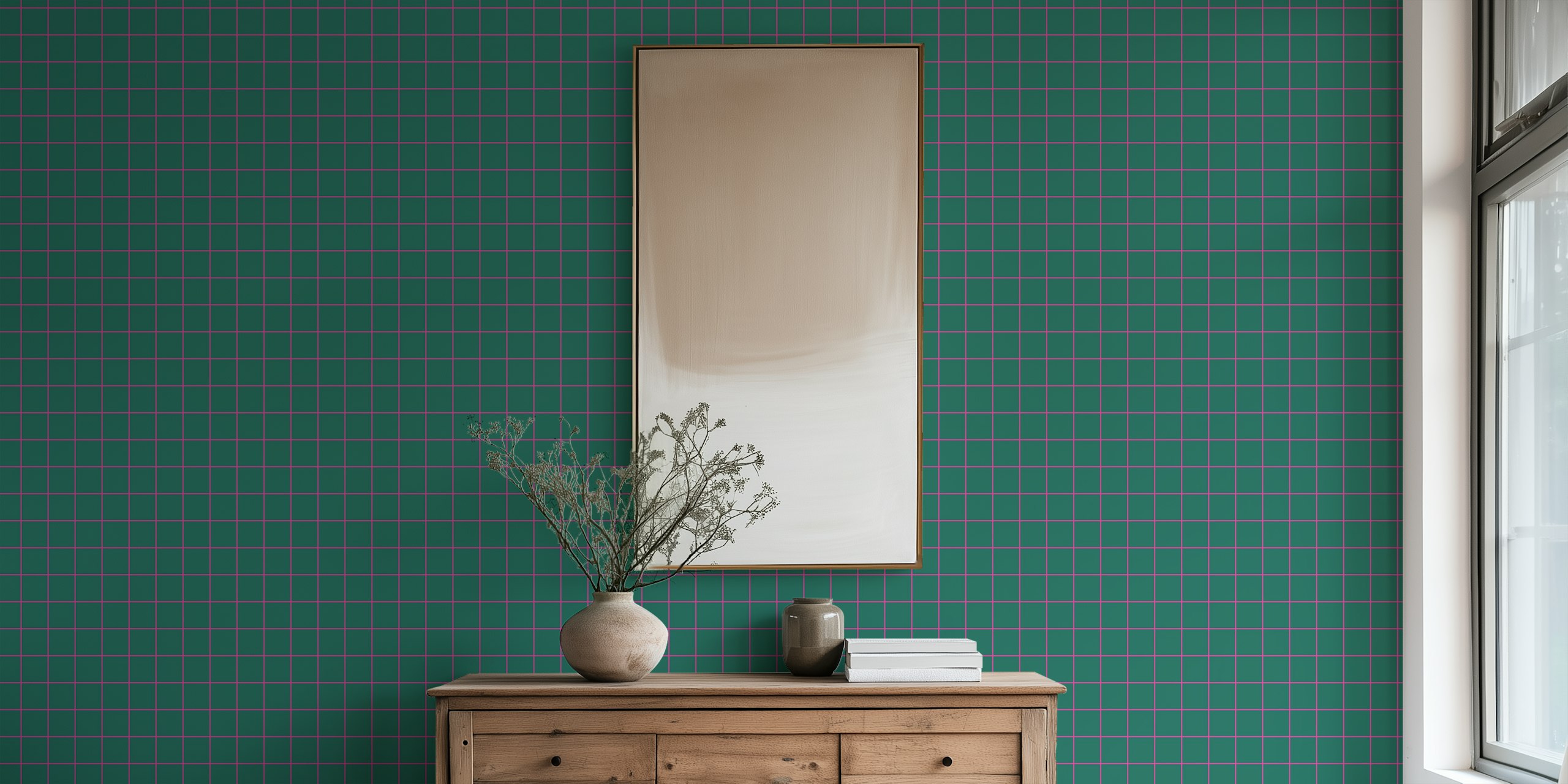 Green pink geometric grid wallpaper