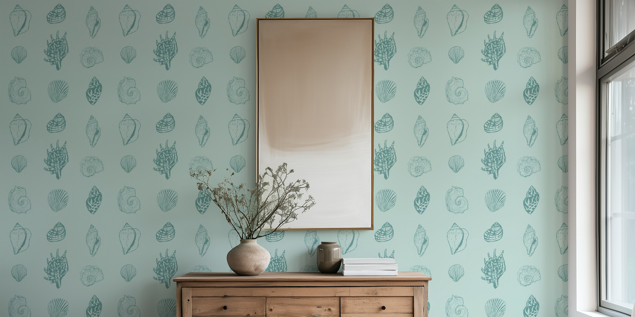 Blue seashells on soft pastel blue background wallpaper
