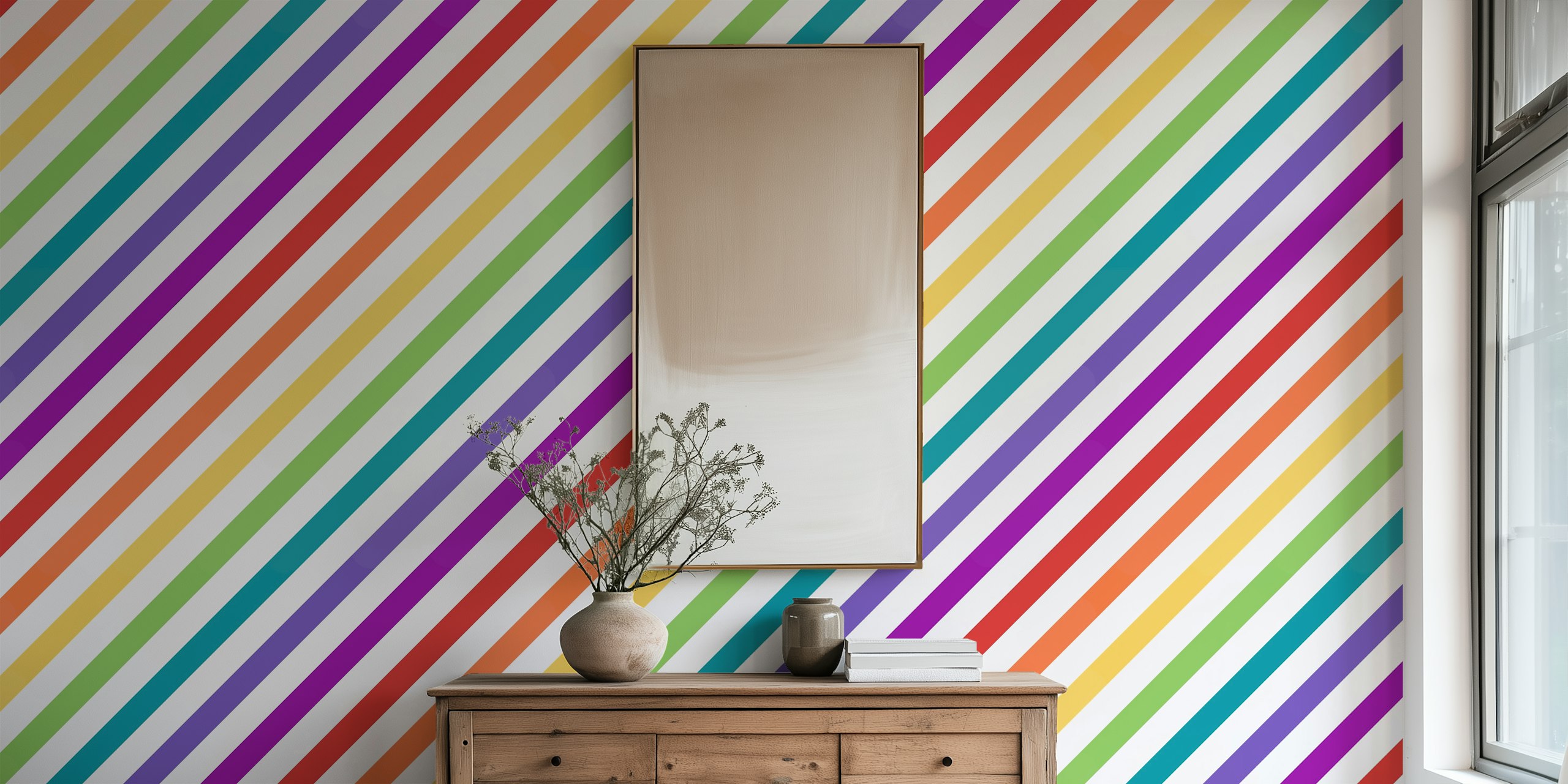 Diagonal stripes in rainbow colors on a white background wallpaper