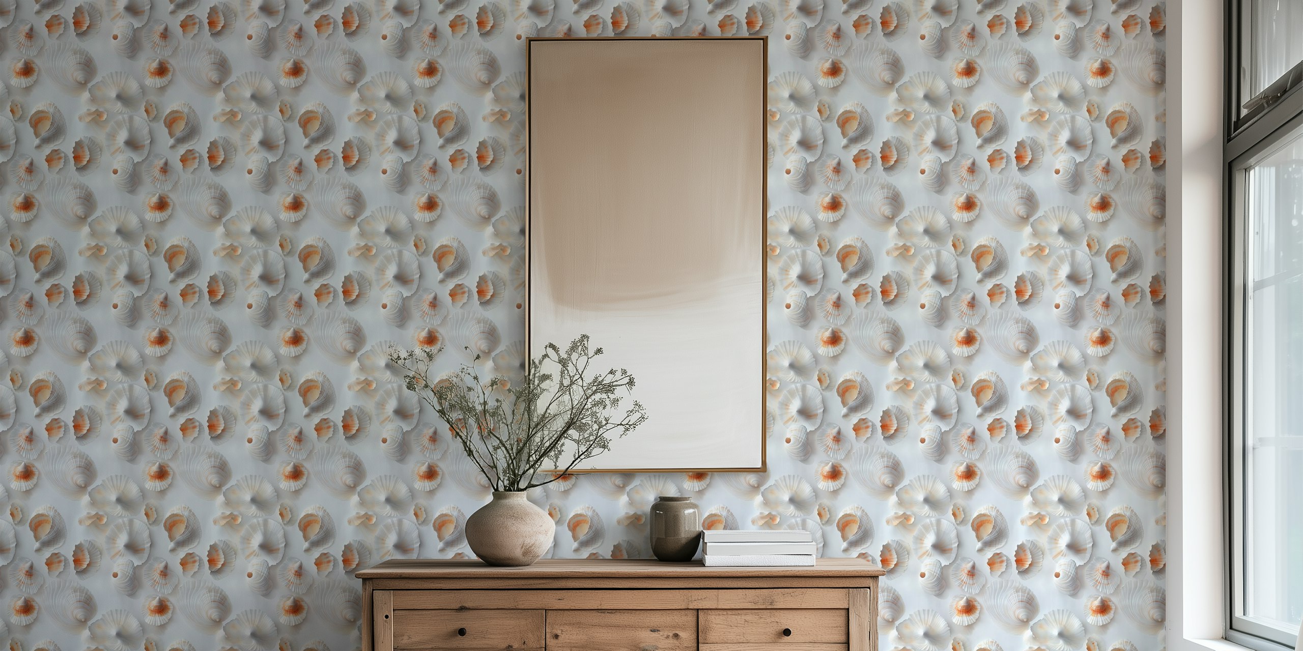 White sea shells with soft orange accents on a light background wallpaper