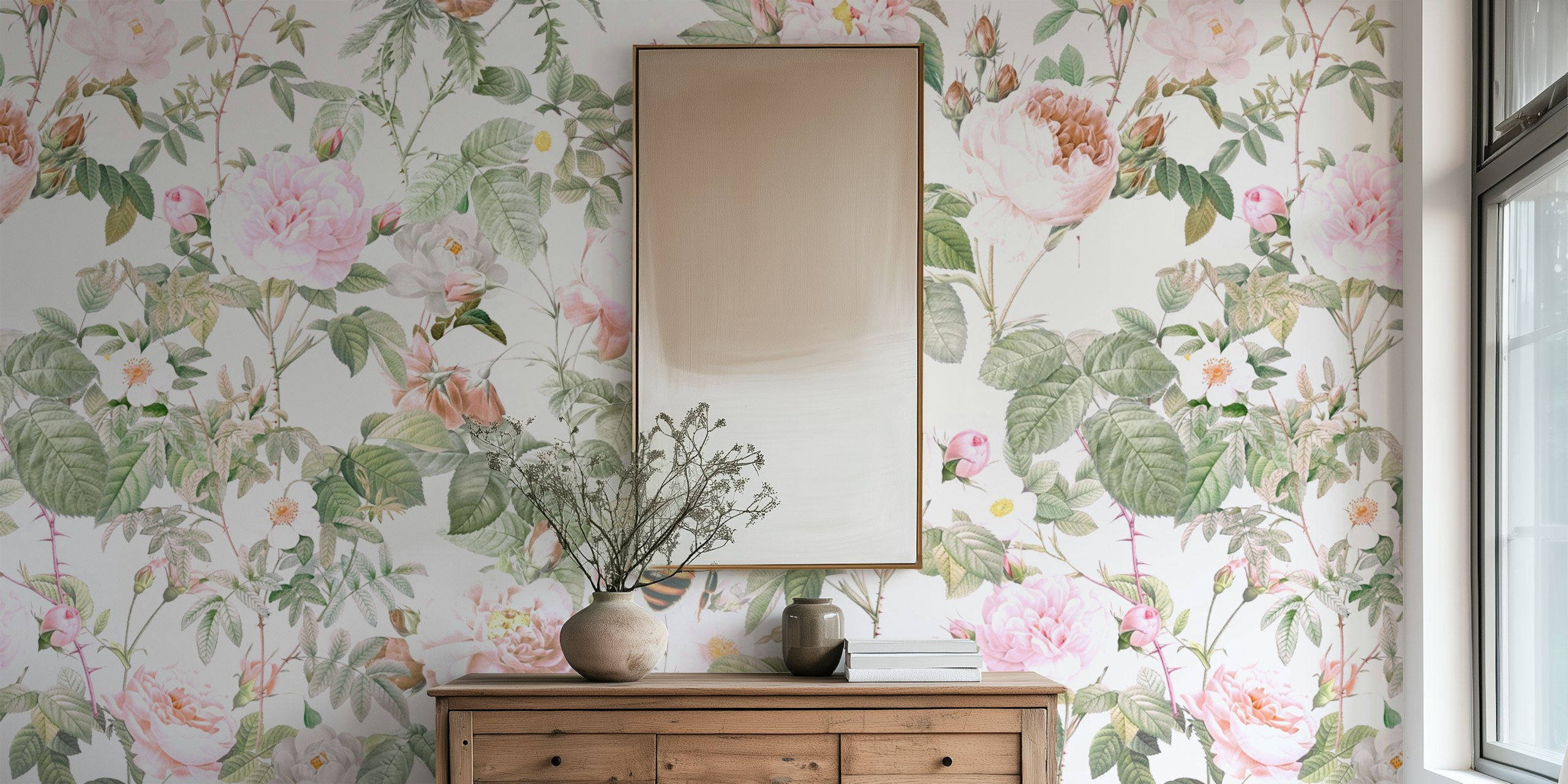 Delicate floral wallpaper in a beautifully designed room