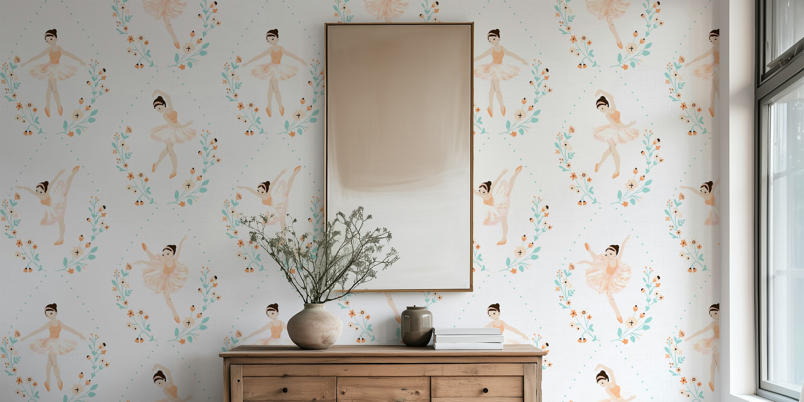 Roze ballerina's met bloemen op een zachte achtergrond, bloemen en takken decoratief wallpaper