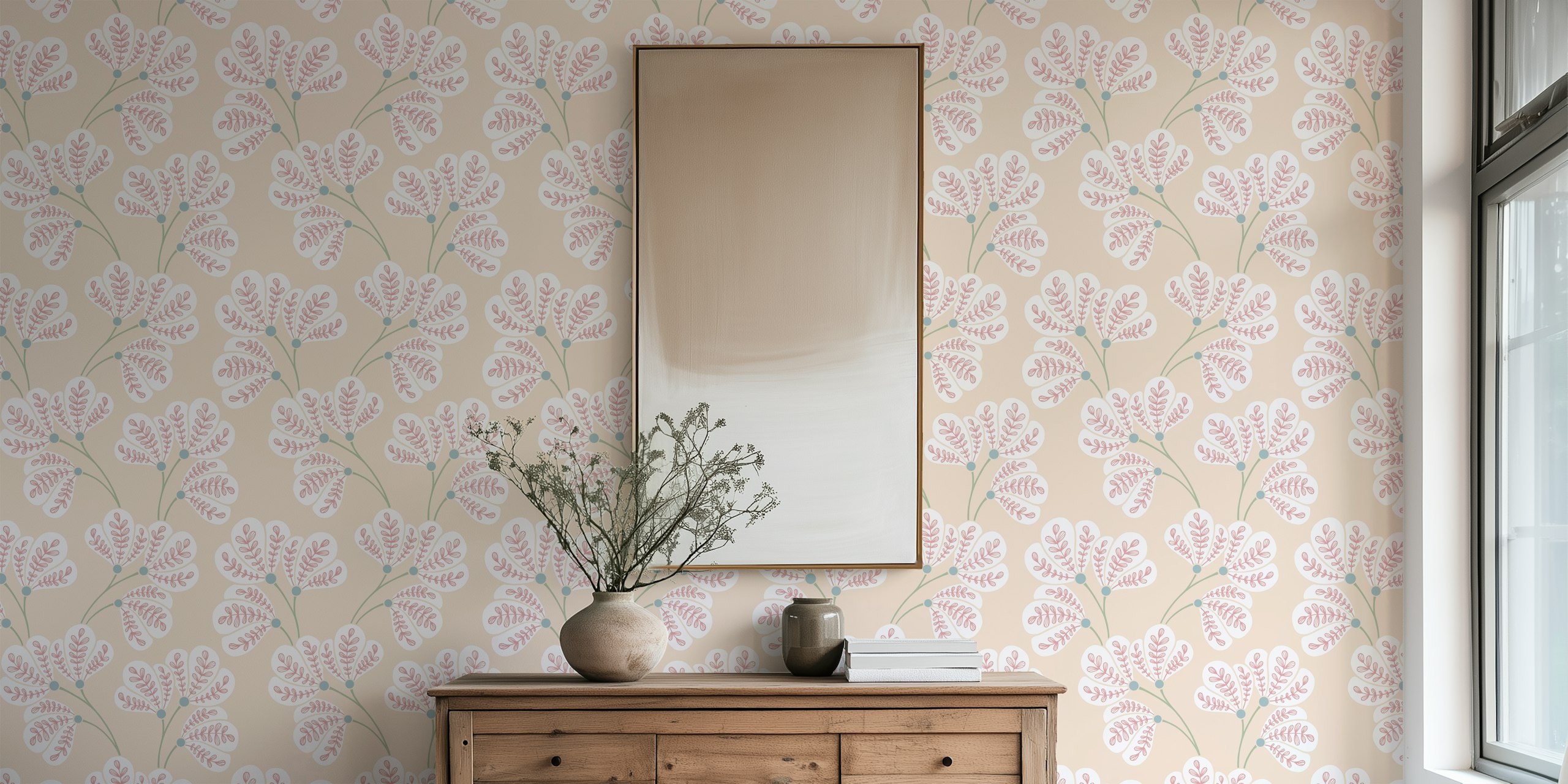 Olivia Folk Art Leaves wallpaper in een kamer