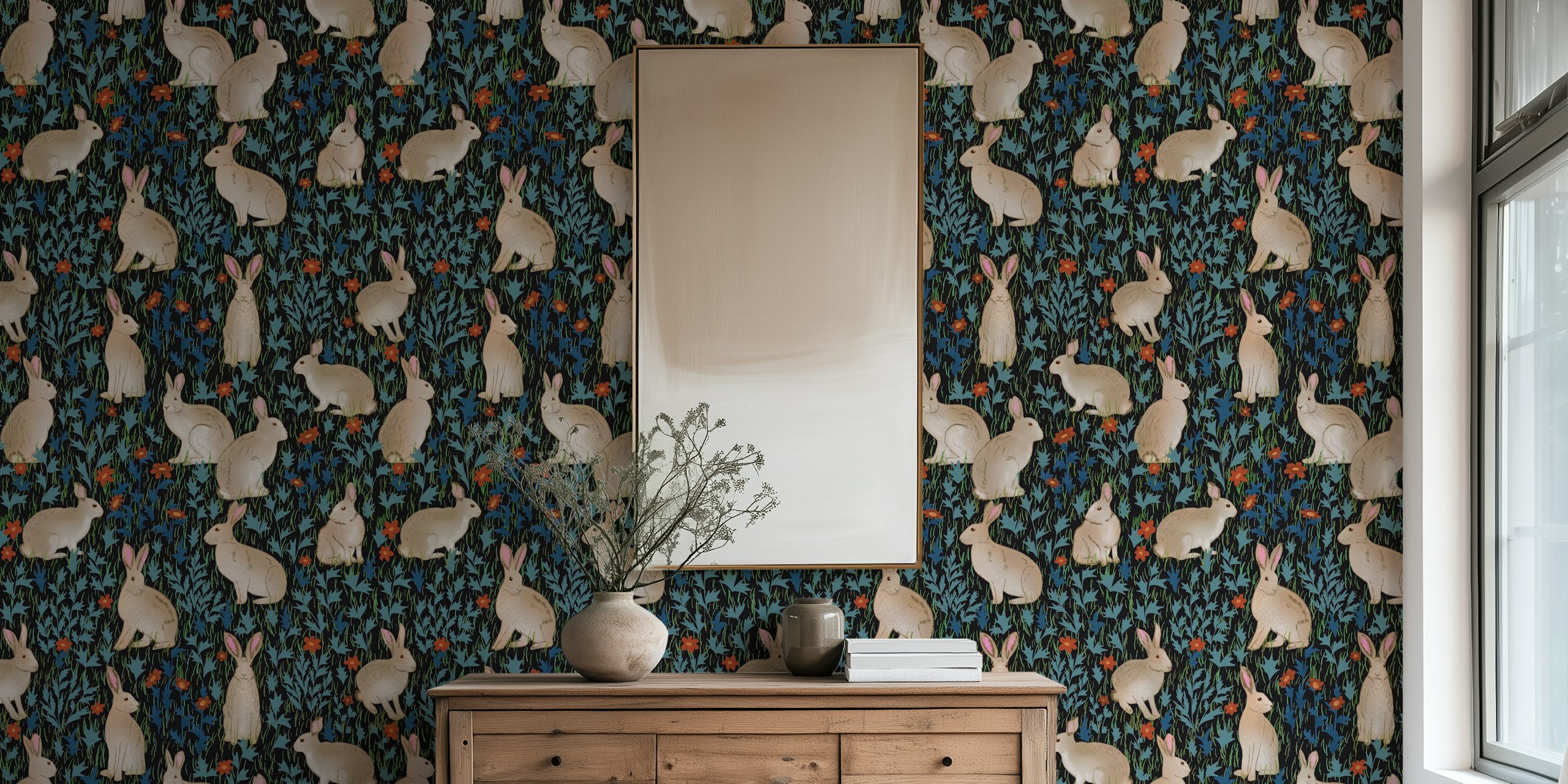 Hares in the Midnight Garden papel pintado en una habitación