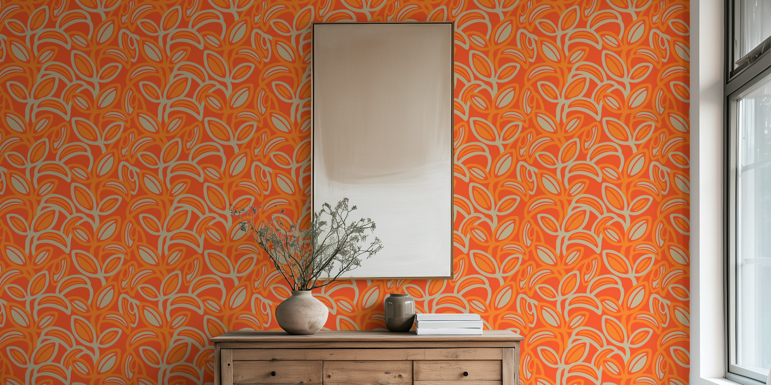 Colorful retro leaves pattern in orange and beige wallpaper