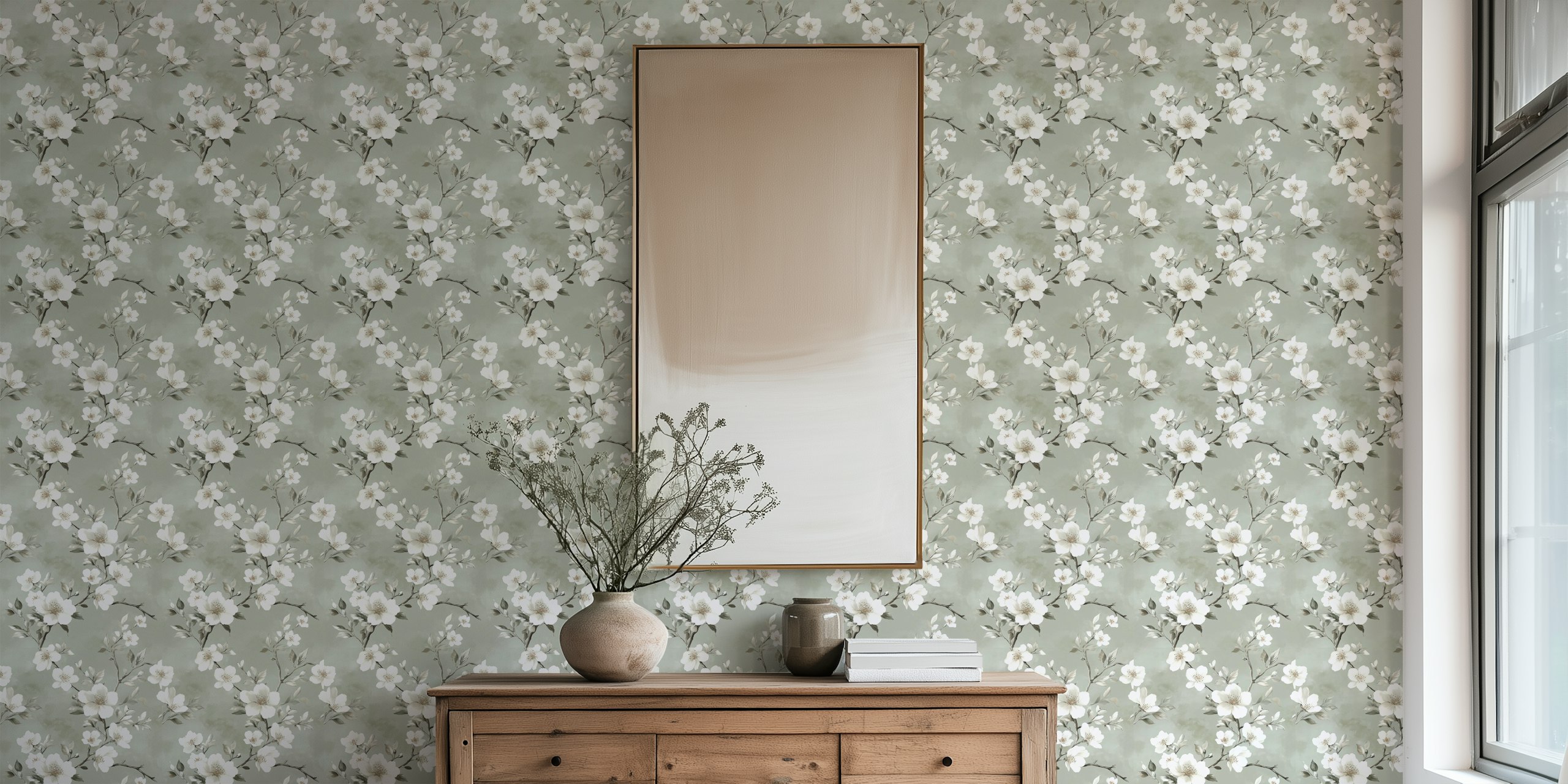 White floral pattern with green leaves wallpaper