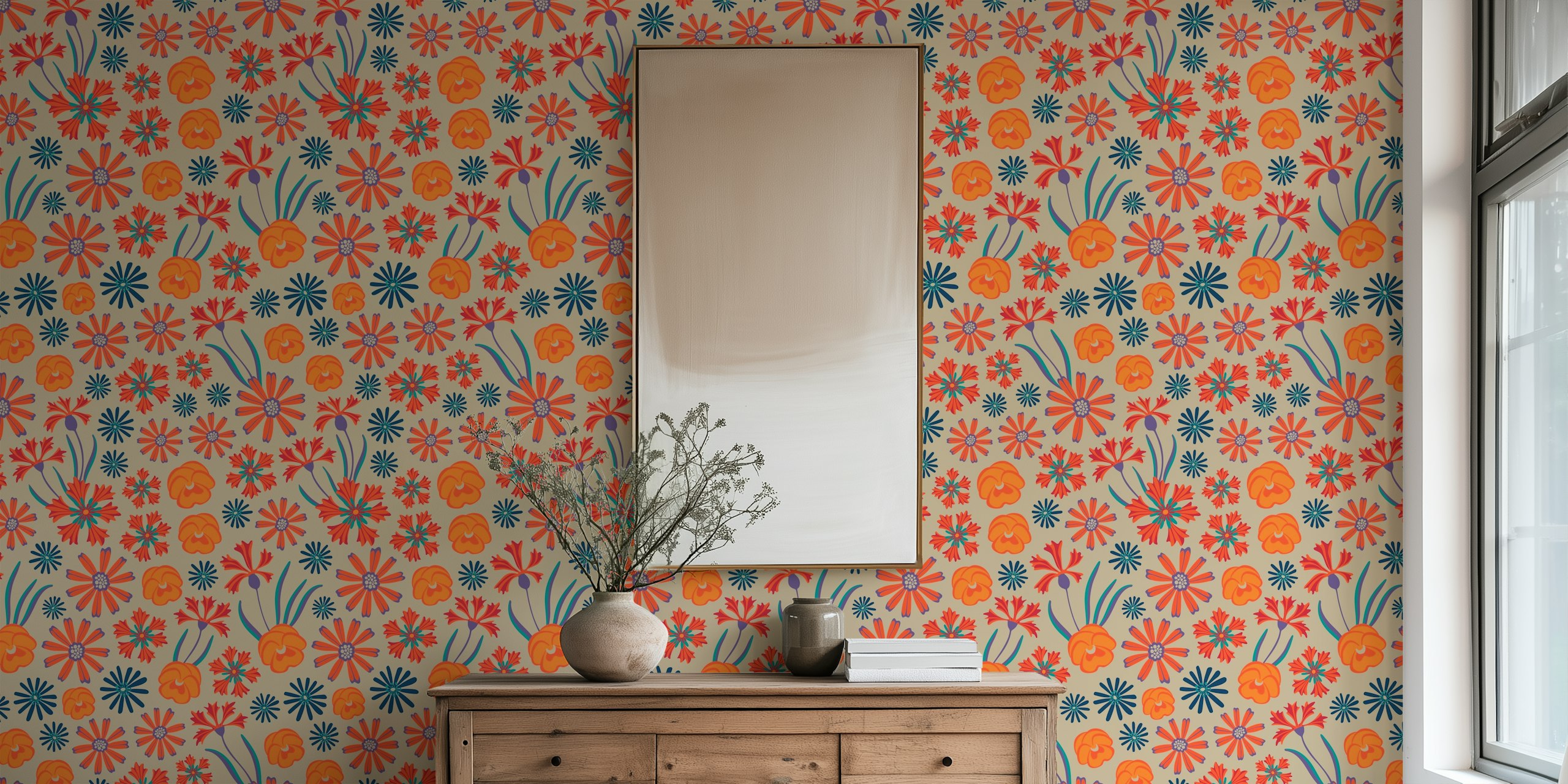 Floriography Floral Botanical Orange wallpaper in a room