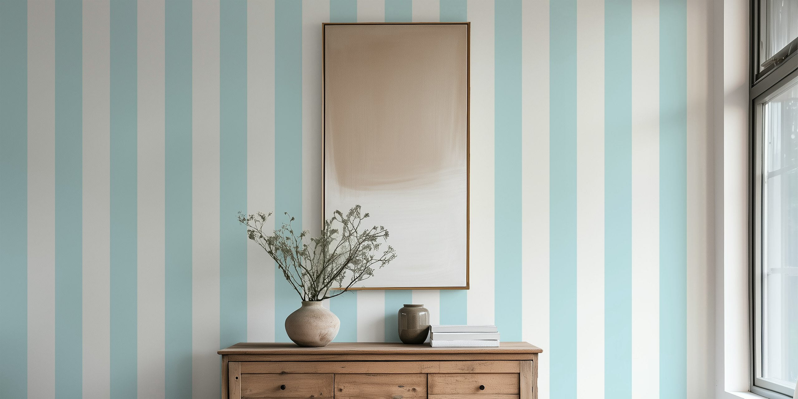 Blue and white striped wallpaper, soft pastel colors, Scandinavian style