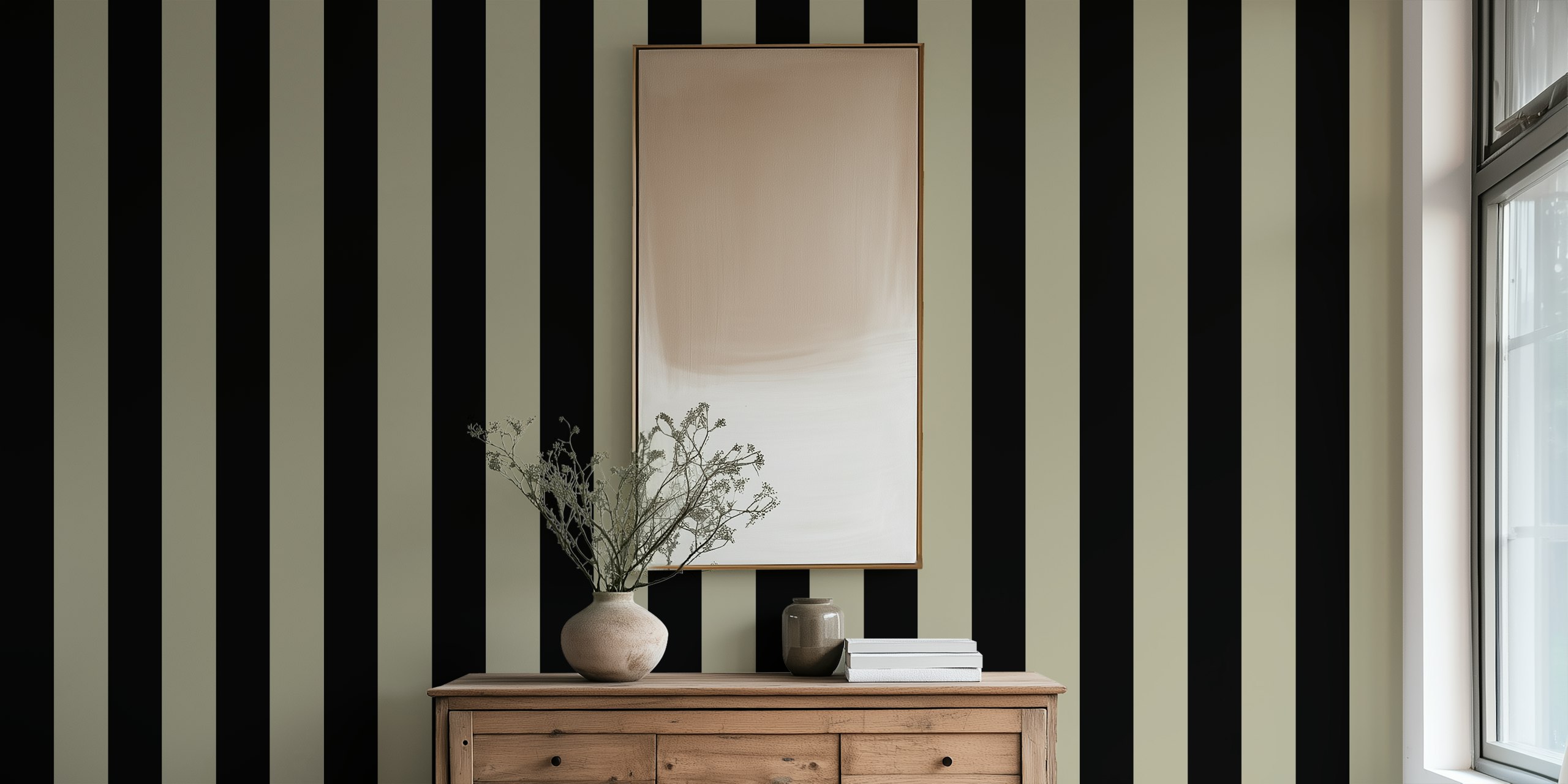 Sage black striped boho wallpaper with alternating black and sage green stripes