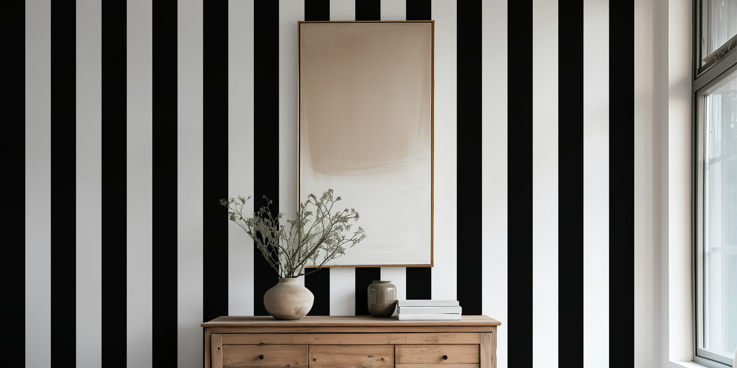 Black and White Scandi Stripes wallpaper in a nursery