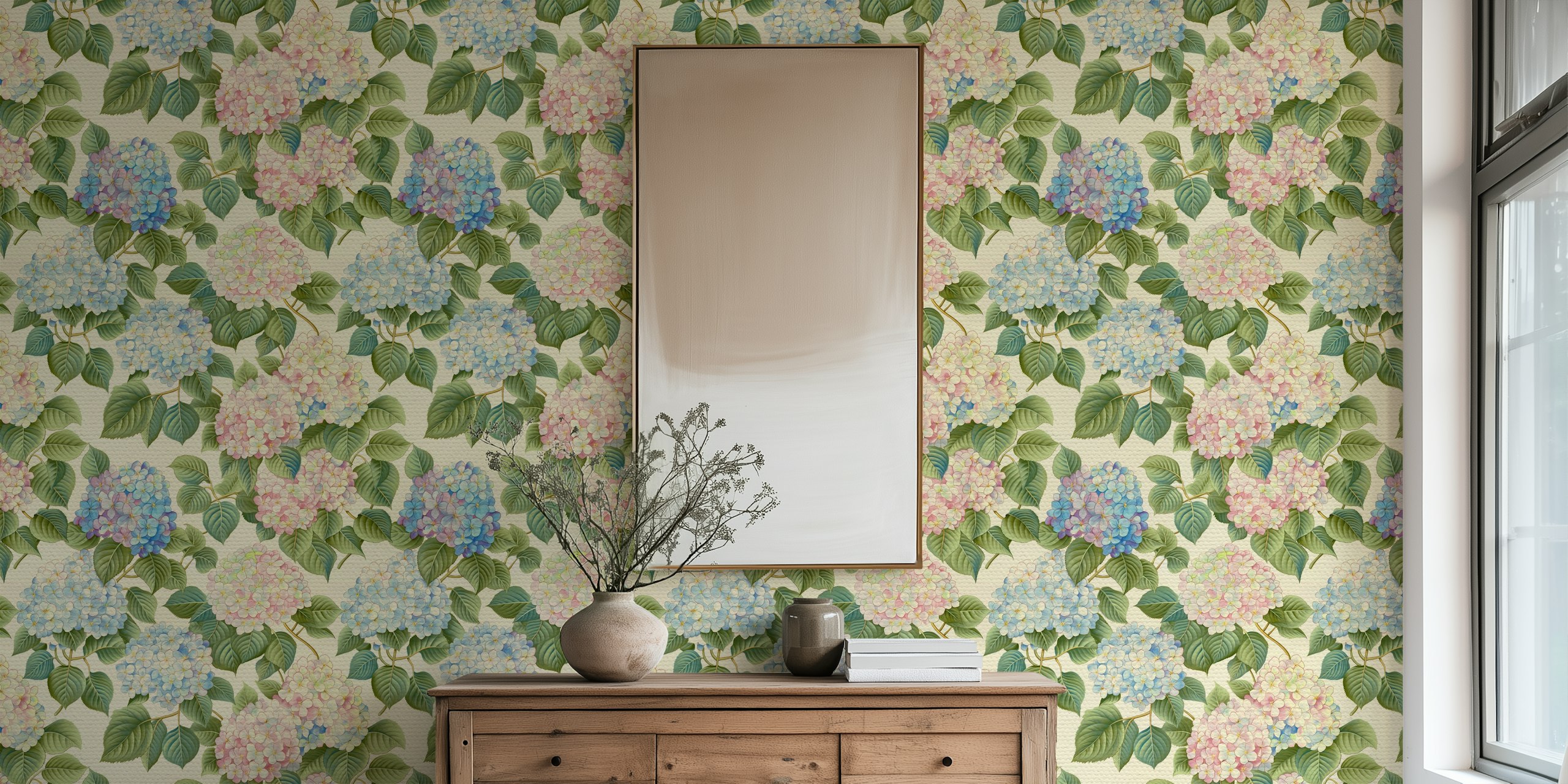Pastel pink and blue hydrangea flowers with green leaves wallpaper
