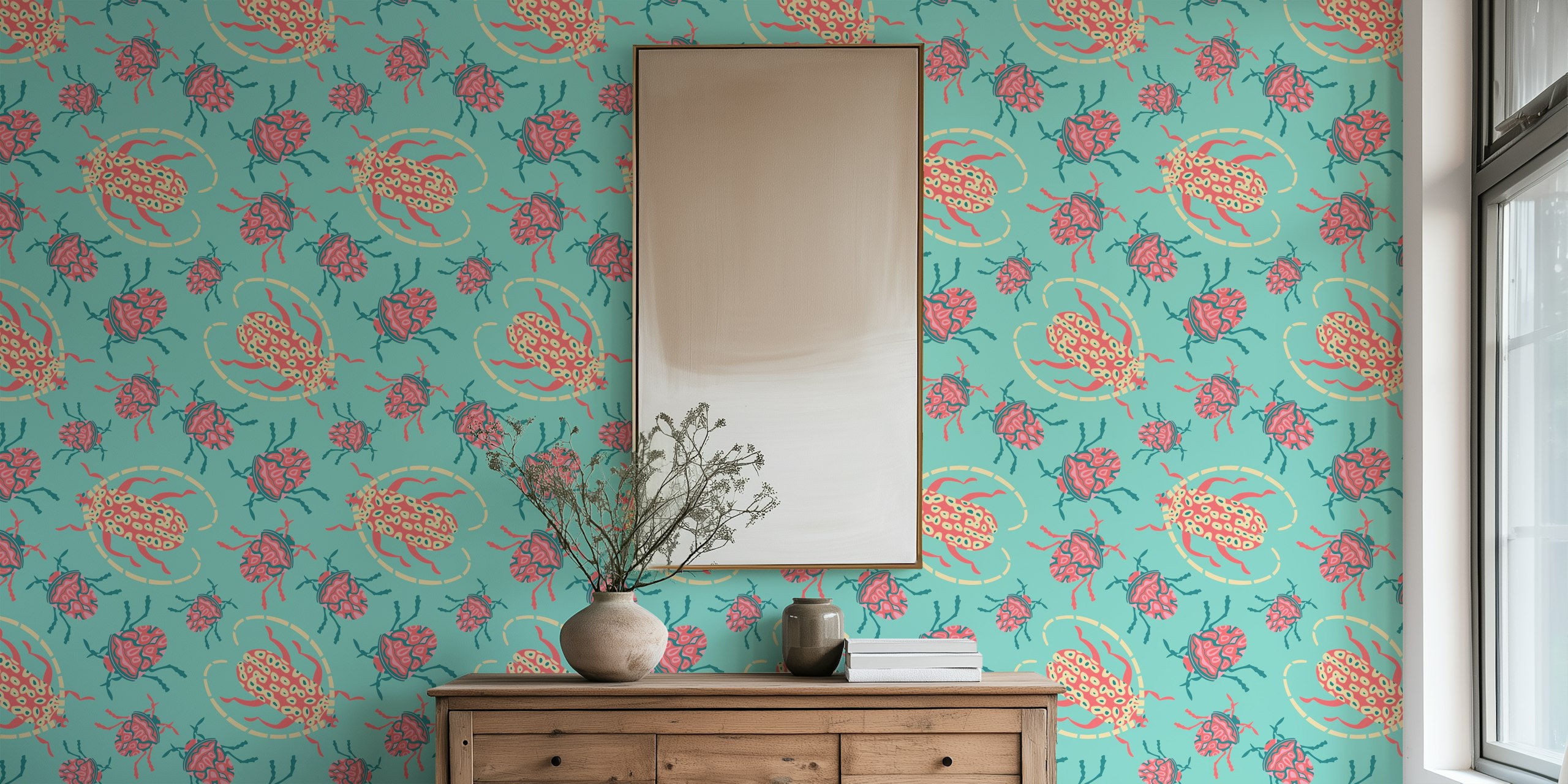 Colorful beetle designs with pink and turquoise on a patterned wallpaper