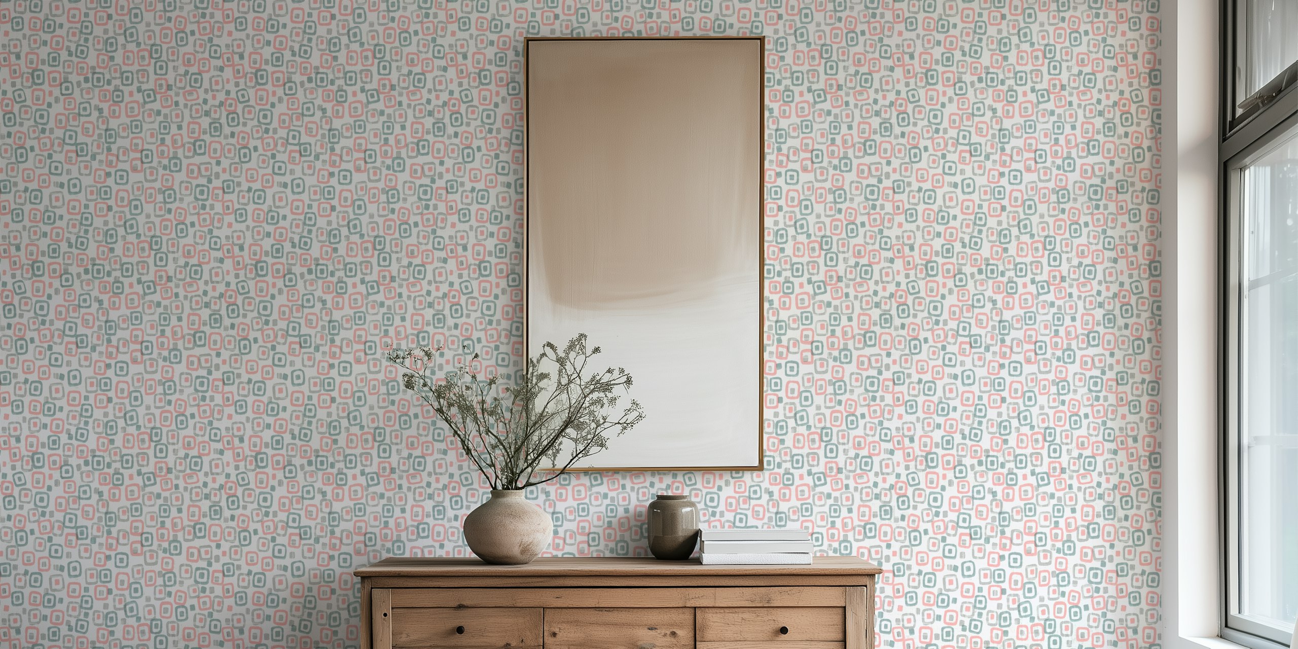 Geometric patterns with pink, grey, and white colors wallpaper