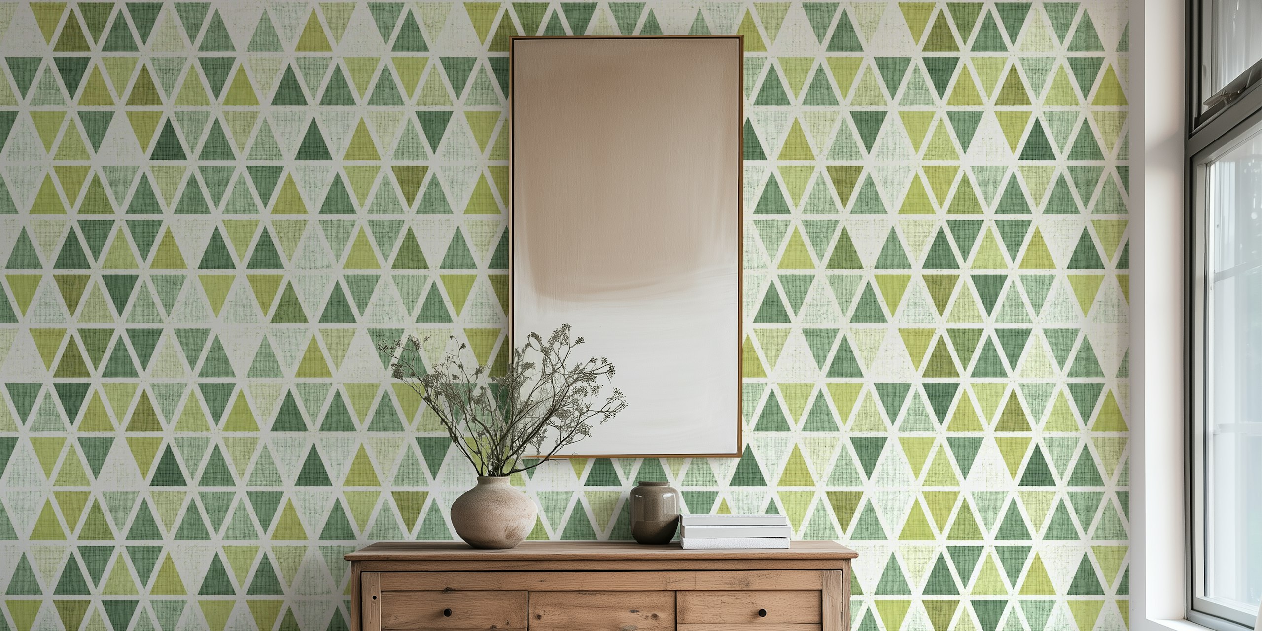 Geometric triangle pattern in green and cream colors wallpaper