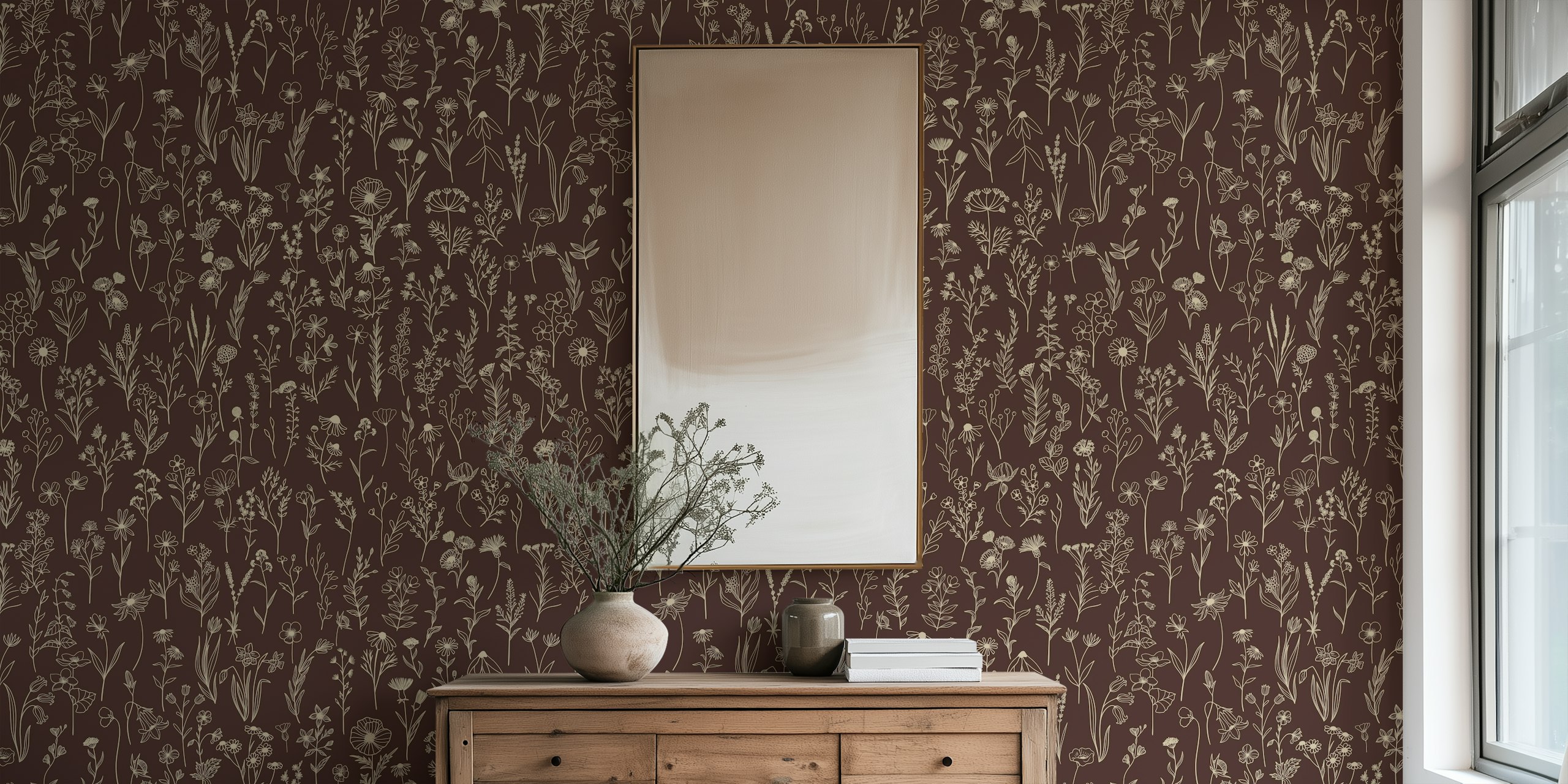 Wildflowers drawing pattern wallpaper in a room