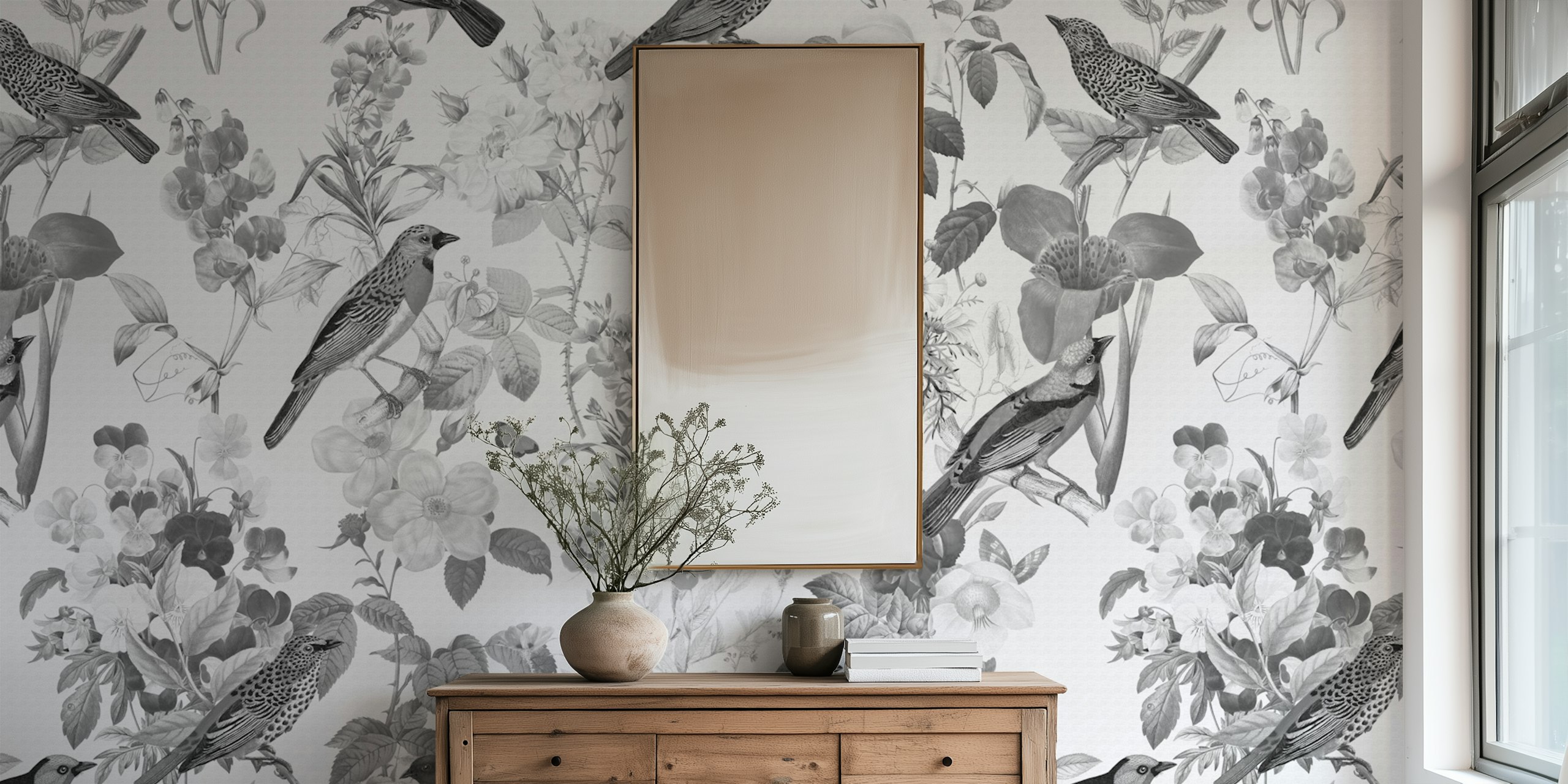 Black floral wallpaper featuring birds and flowers in monochrome style