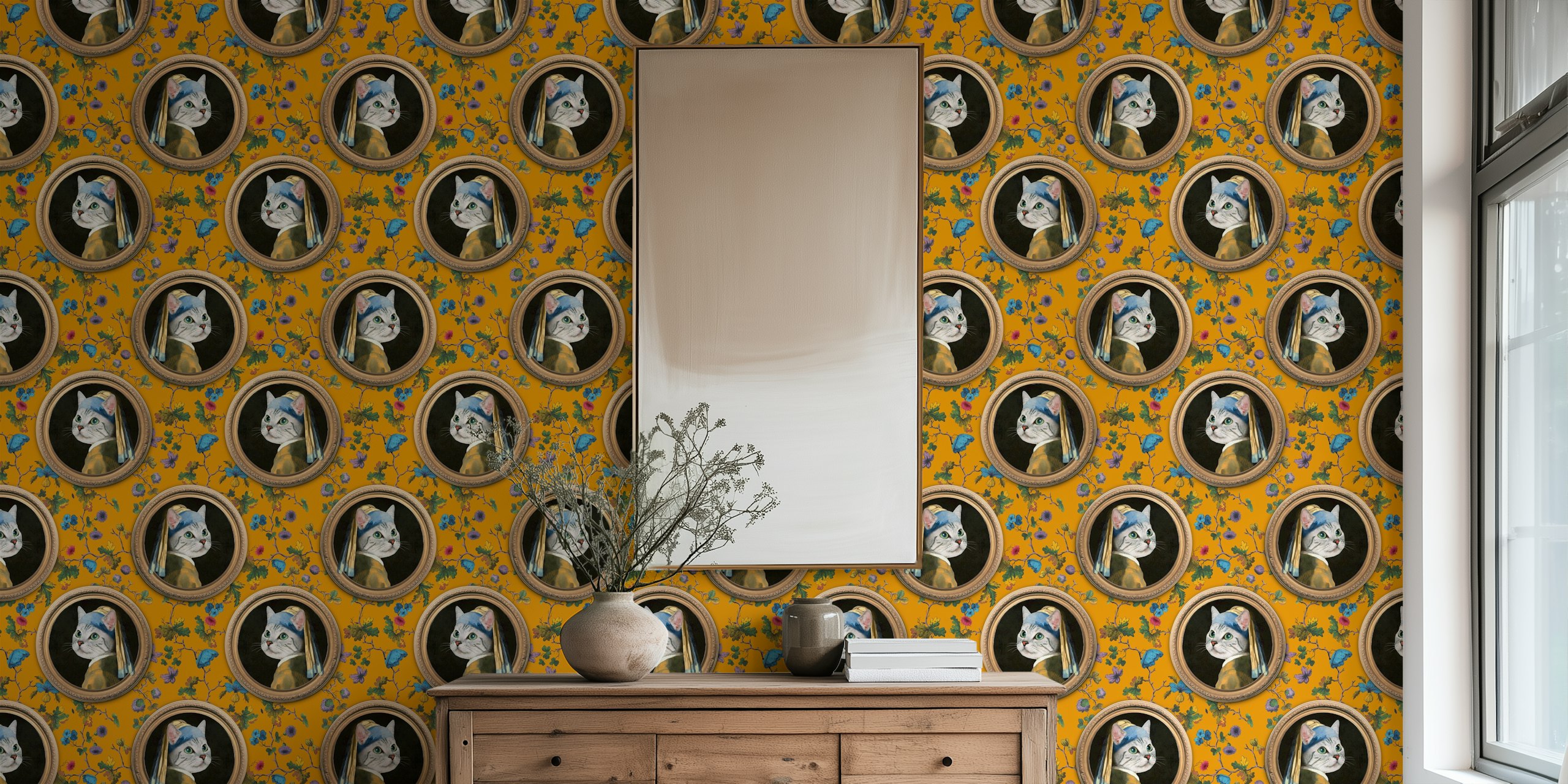 Cat portrait with flowers on yellow background wallpaper