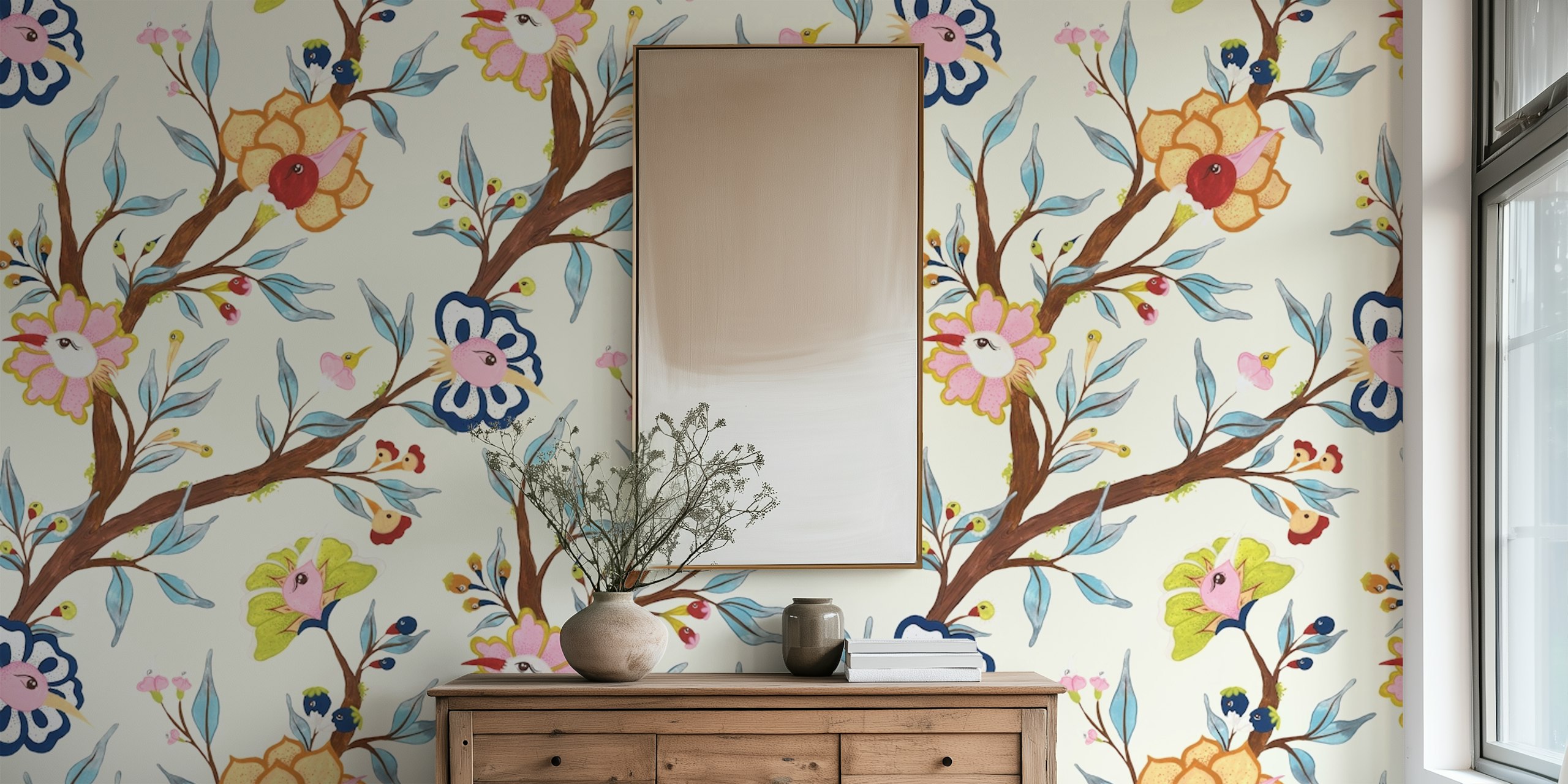 Design de papel de parede floral em um ambiente de quarto